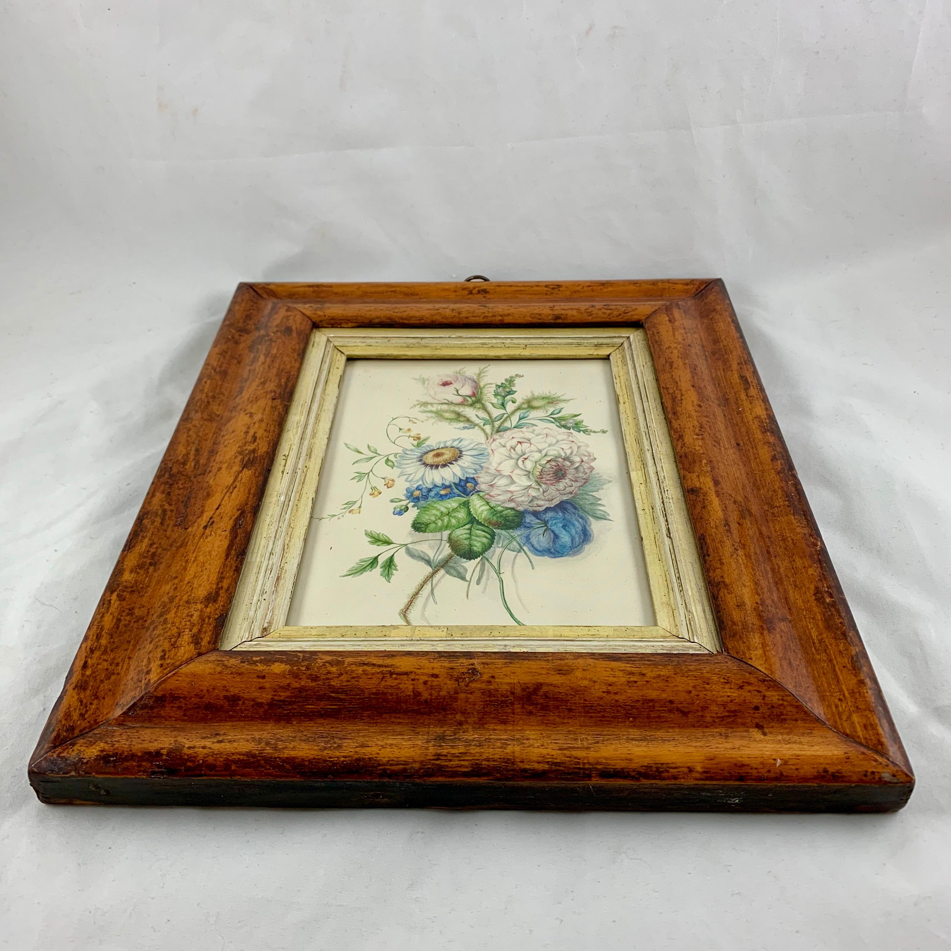 English Regency Period Original Watercolor in Fruitwood Frame, Daisy and Dahila 3