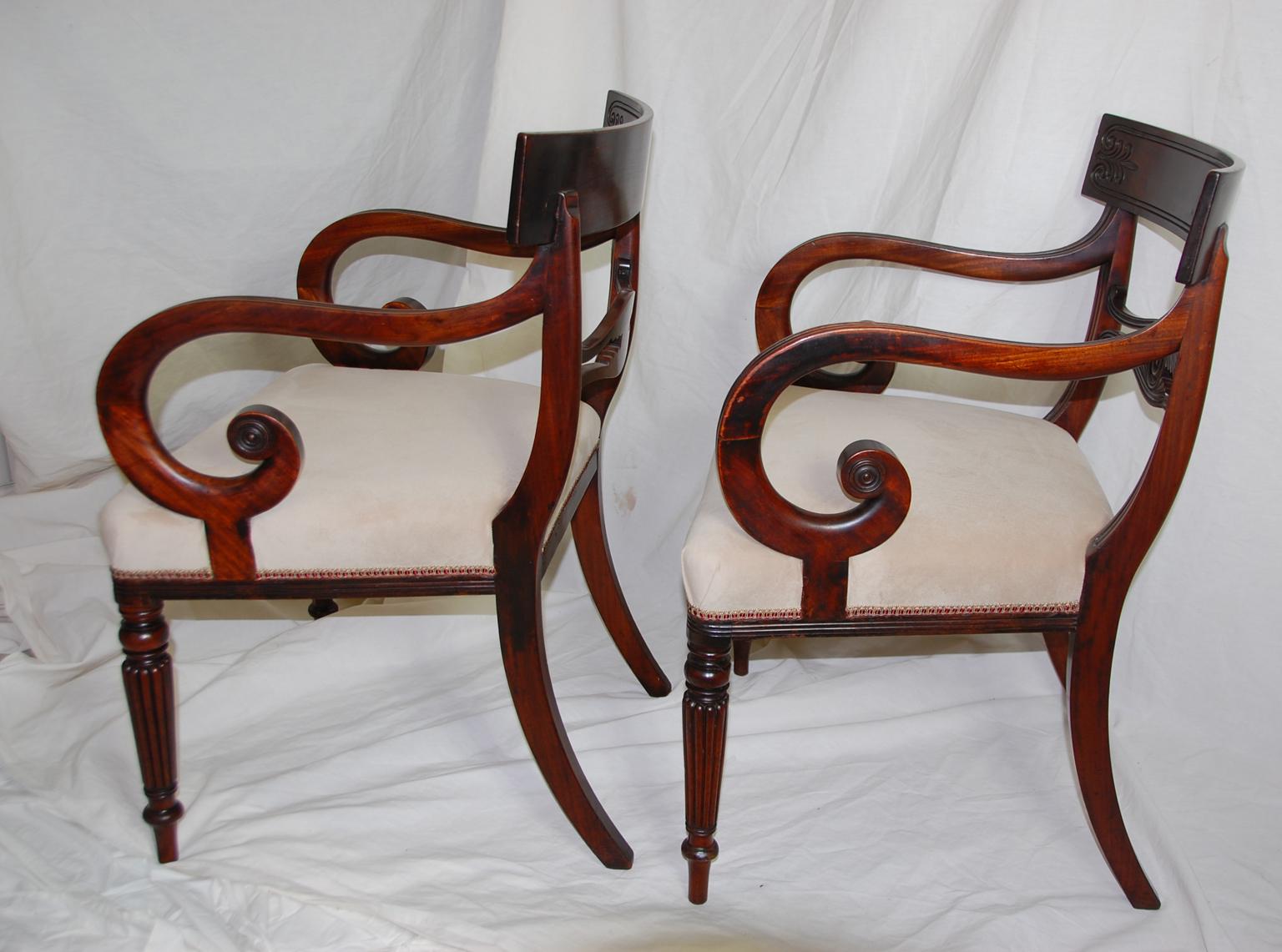 19th Century English Regency Period Pair of Mahogany Armchairs, Scroll Arms, Reeded Legs