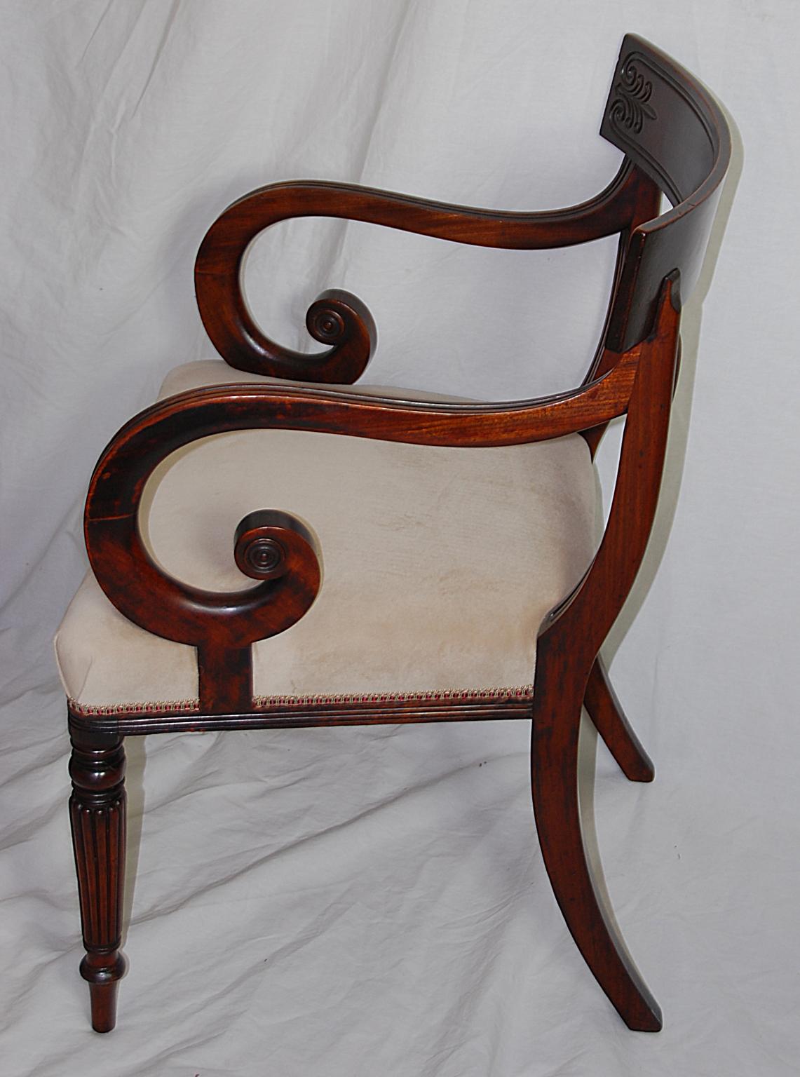 English Regency Period Pair of Mahogany Armchairs, Scroll Arms, Reeded Legs 1