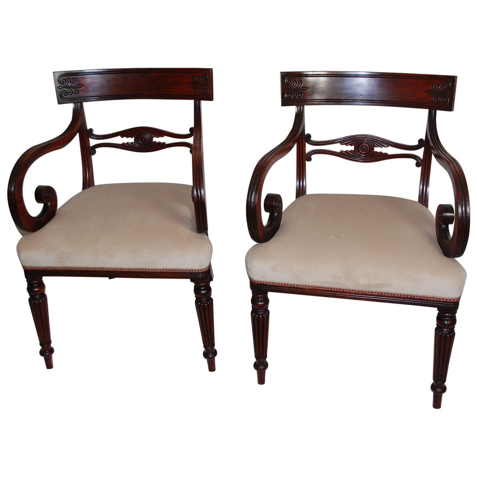 English Regency Period Pair of Mahogany Armchairs, Scroll Arms, Reeded Legs