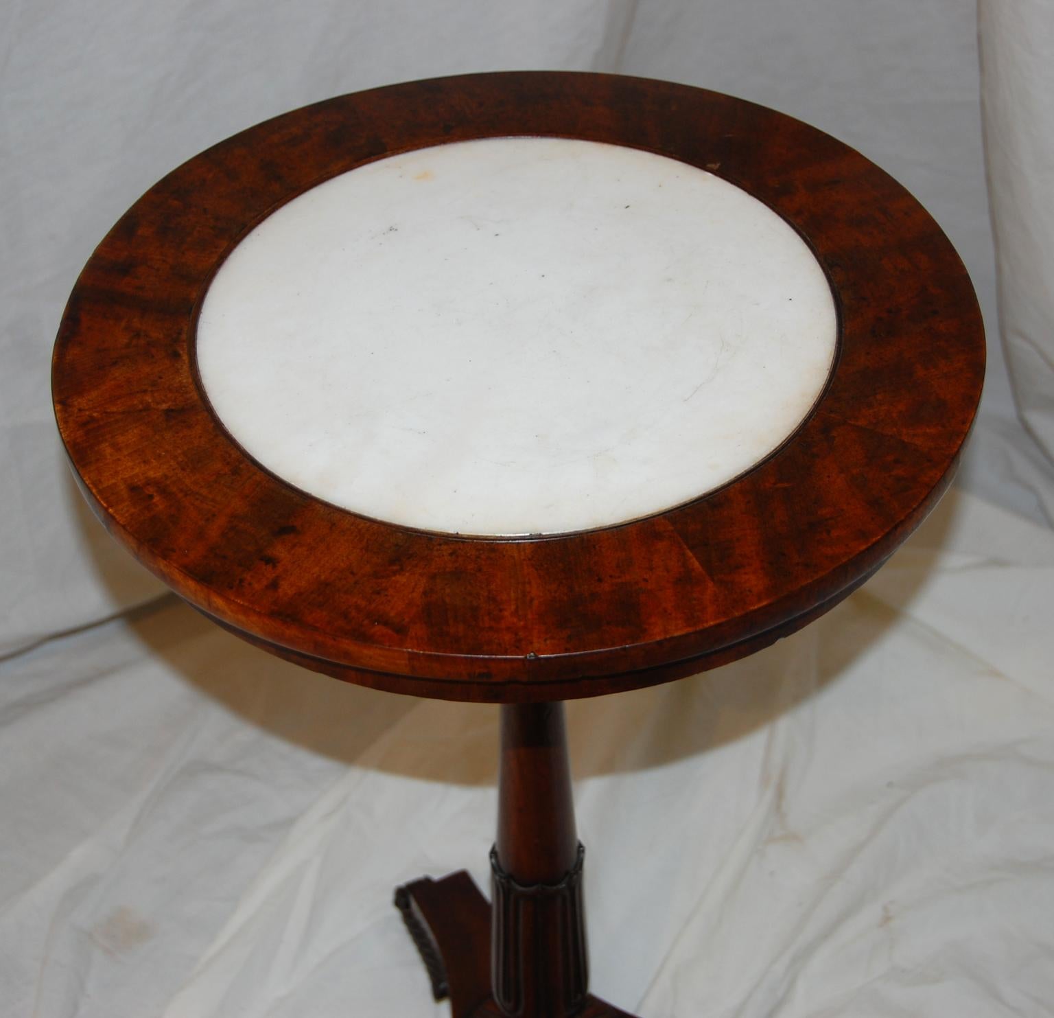 English Regency Period Pedestal Table with Marble Inset and Carved Base 1