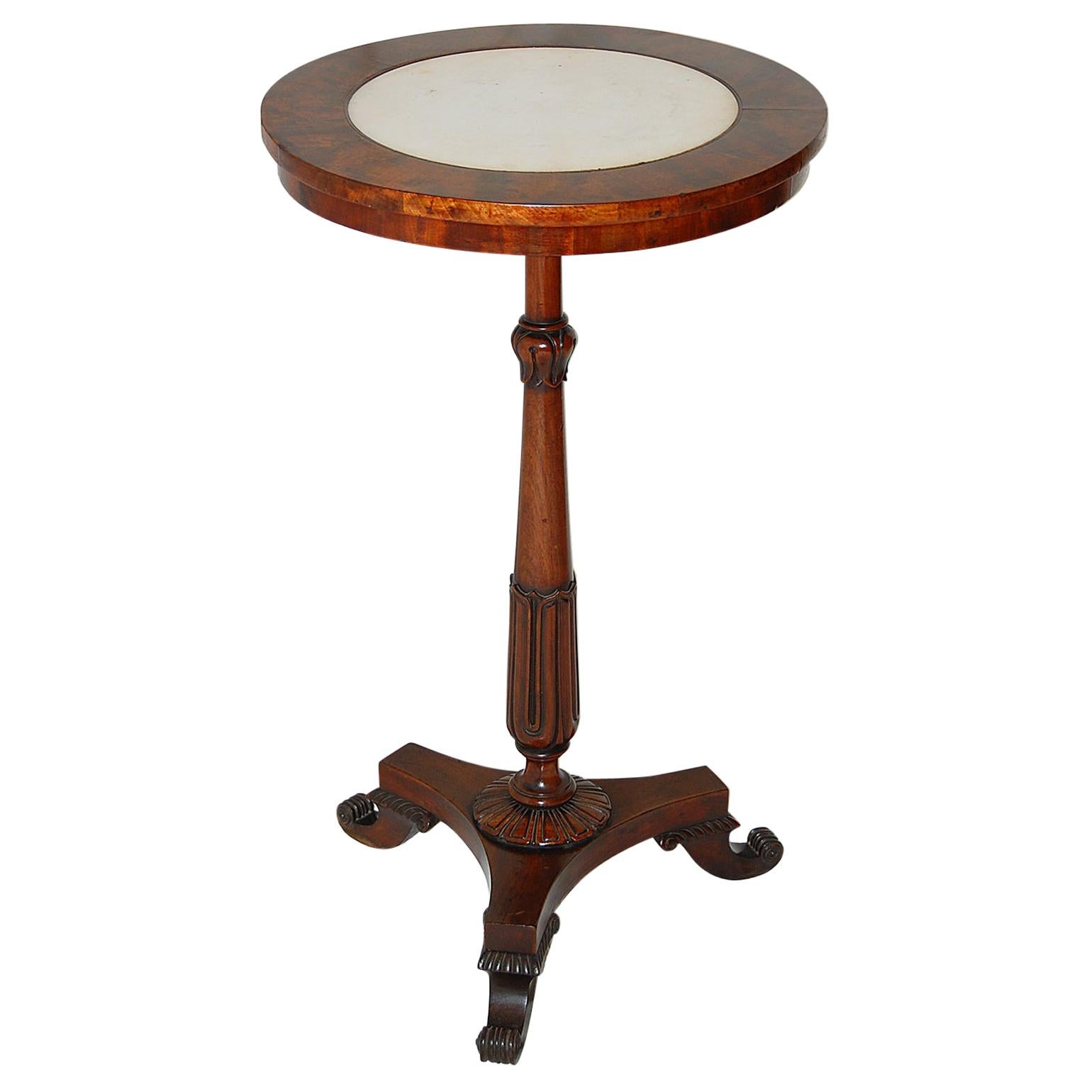 English Regency Period Pedestal Table with Marble Inset and Carved Base