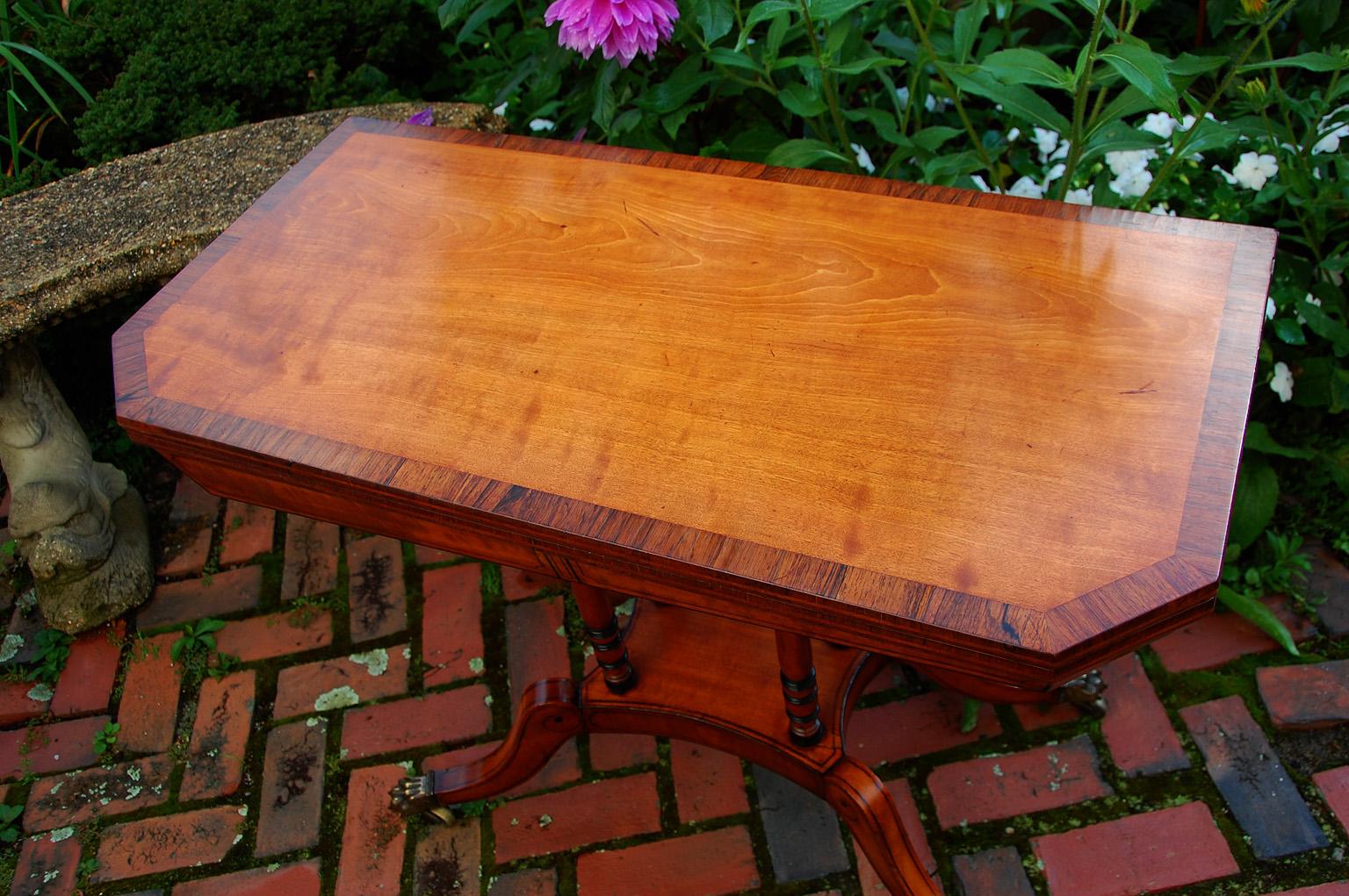 English Regency Period Satinwood Card Table, Rosewood Crossbanding, Ebony Inlay In Good Condition In Wells, ME