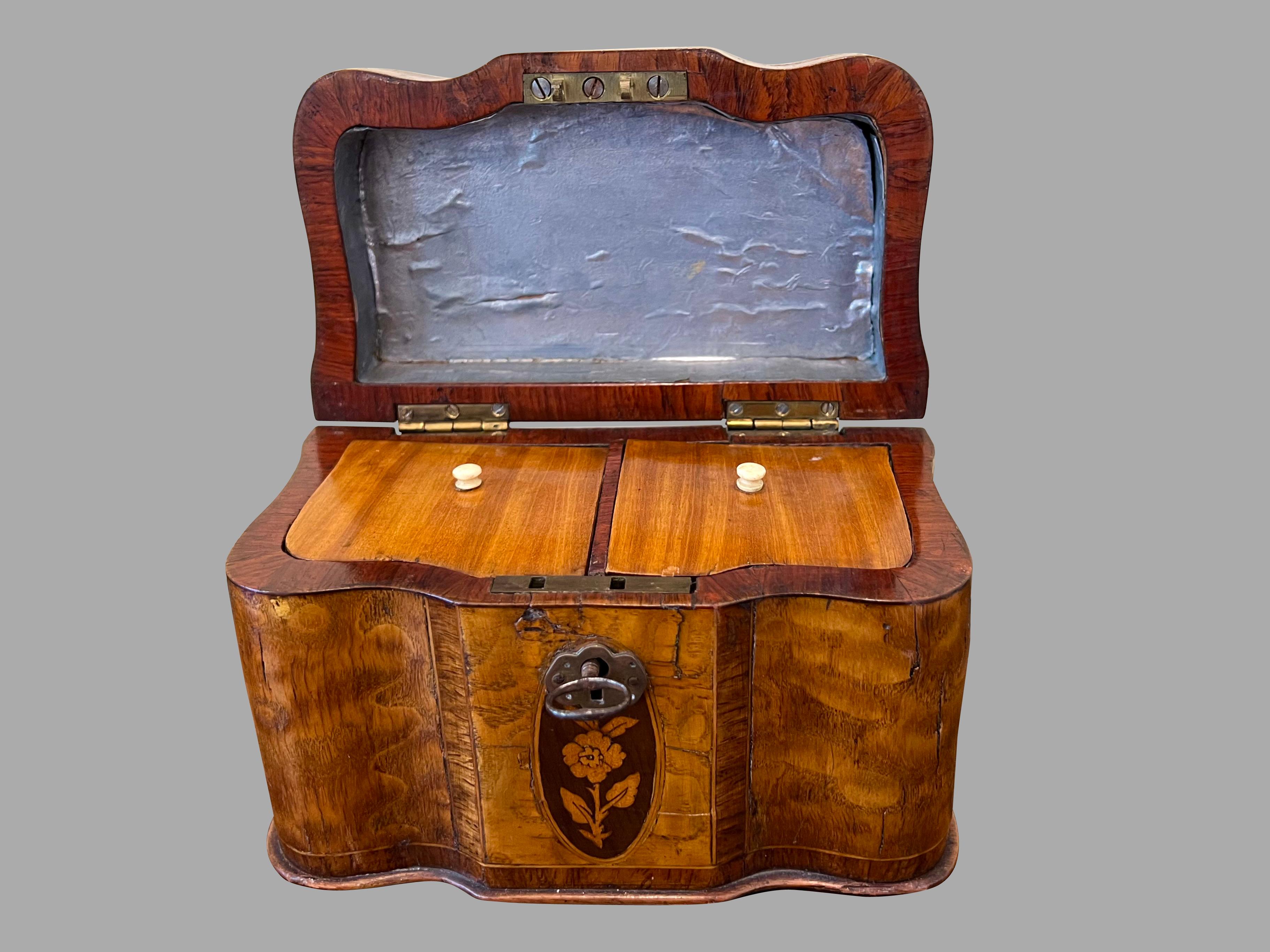 Début du XIXe siècle Boîte à thé en forme de serpentin en marqueterie de bois de satin d'époque Régence anglaise en vente