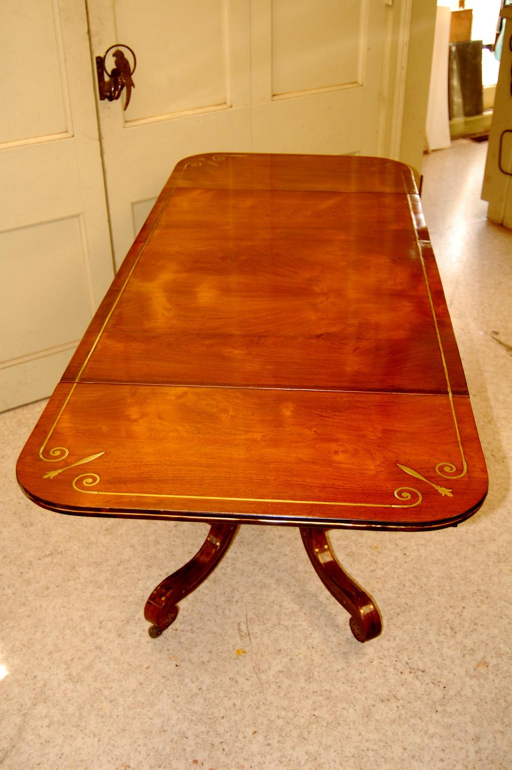 English Regency Period Sofa Table in Rosewood, Brass Inlay, Lyre Pedestal Base 6