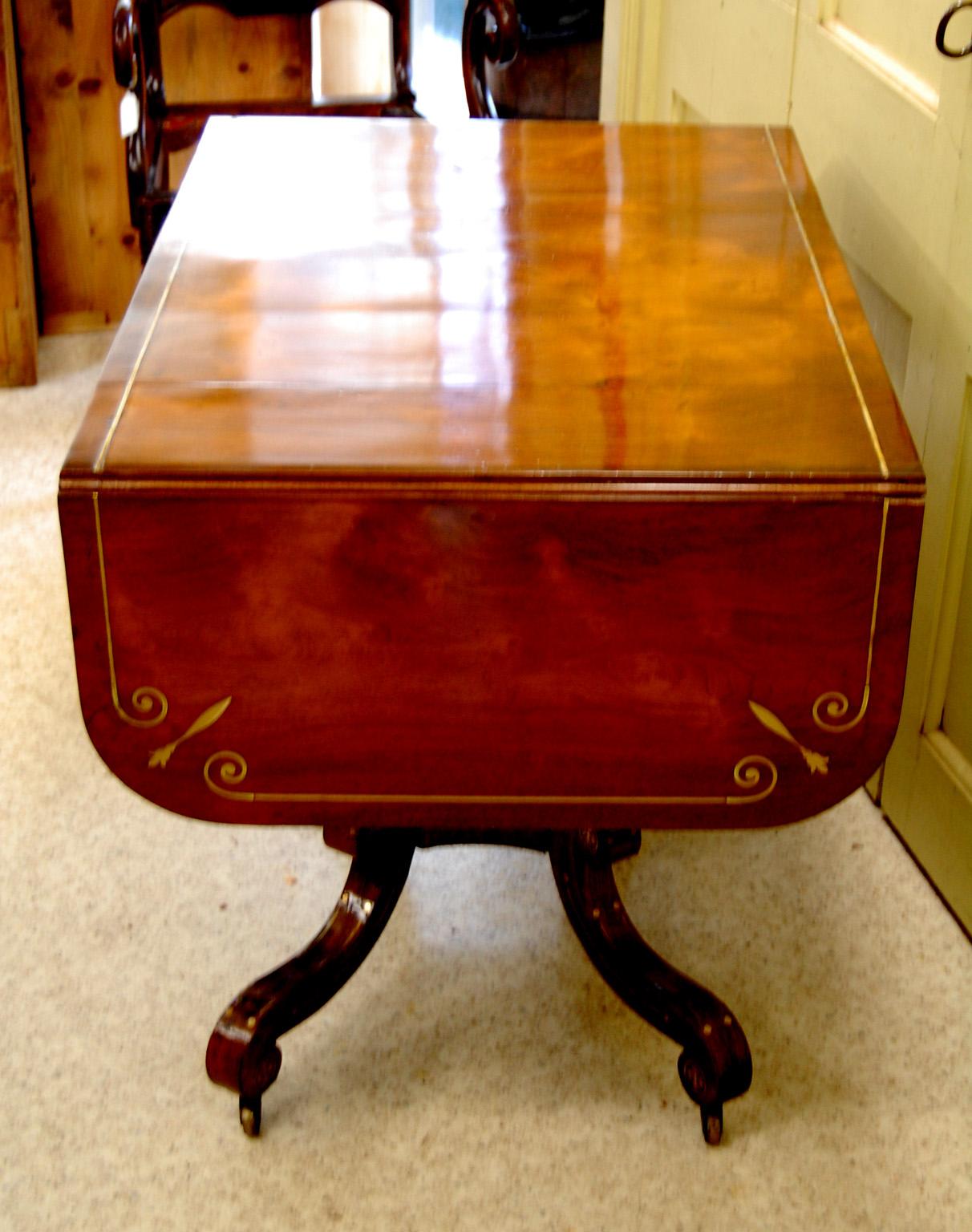 English Regency Period Sofa Table in Rosewood, Brass Inlay, Lyre Pedestal Base 7