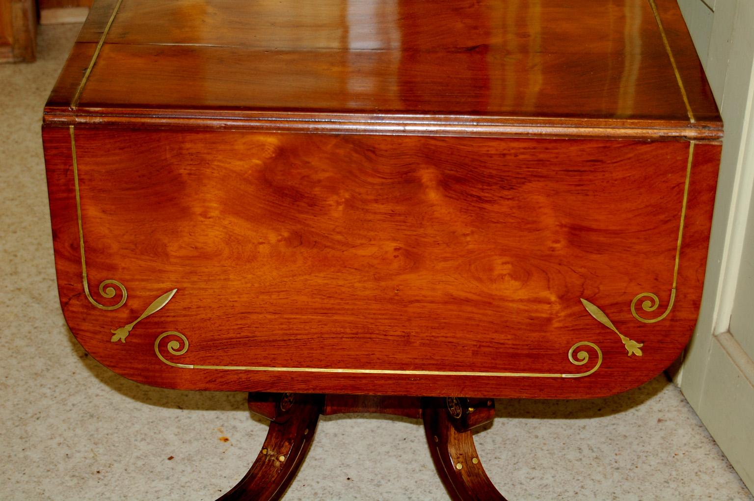 English Regency Period Sofa Table in Rosewood, Brass Inlay, Lyre Pedestal Base 8