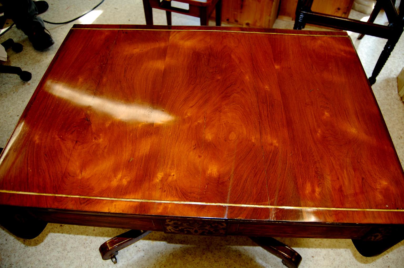 English Regency Period Sofa Table in Rosewood, Brass Inlay, Lyre Pedestal Base 9