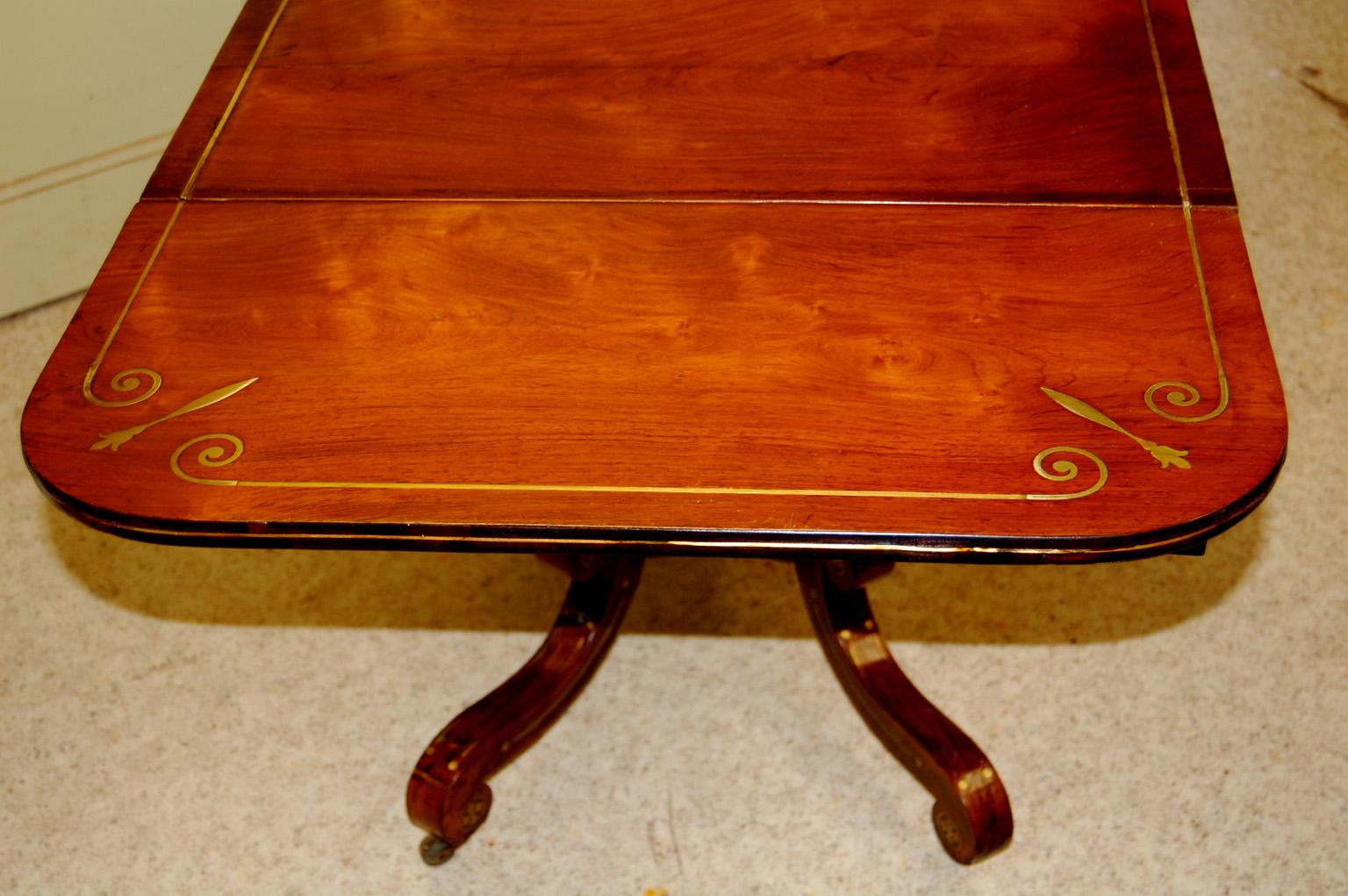 English Regency Period Sofa Table in Rosewood, Brass Inlay, Lyre Pedestal Base 10