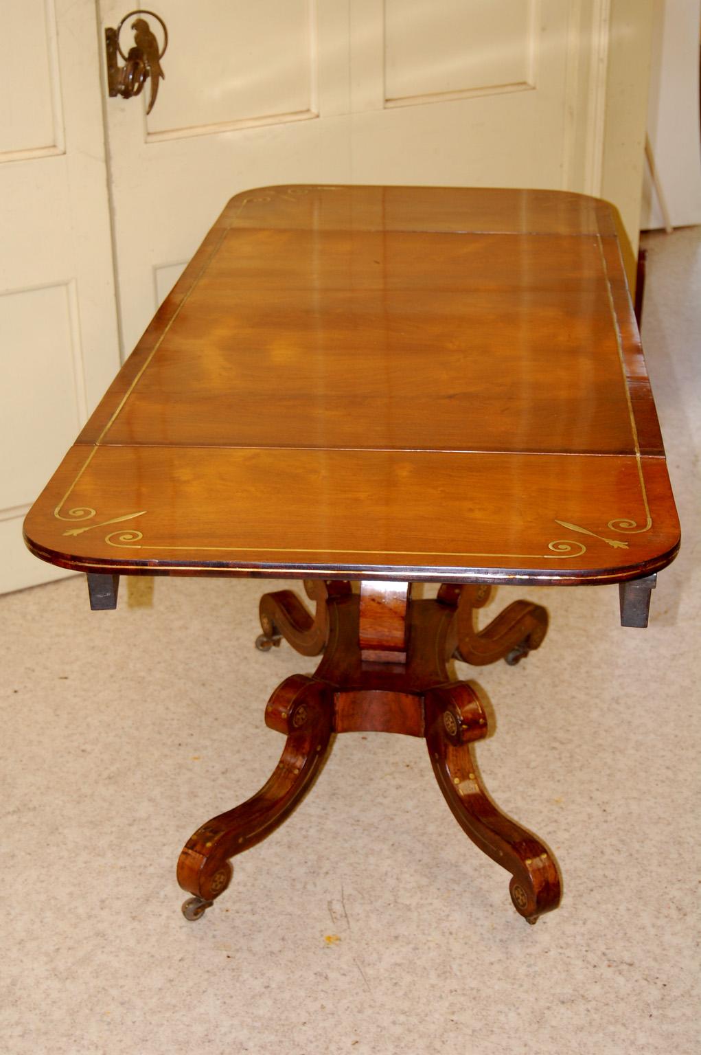 English Regency Period Sofa Table in Rosewood, Brass Inlay, Lyre Pedestal Base 11