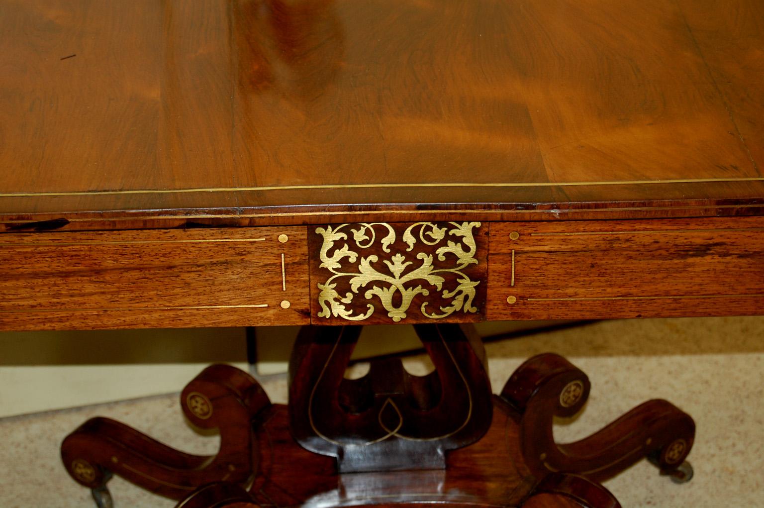 English Regency Period Sofa Table in Rosewood, Brass Inlay, Lyre Pedestal Base In Good Condition In Wells, ME