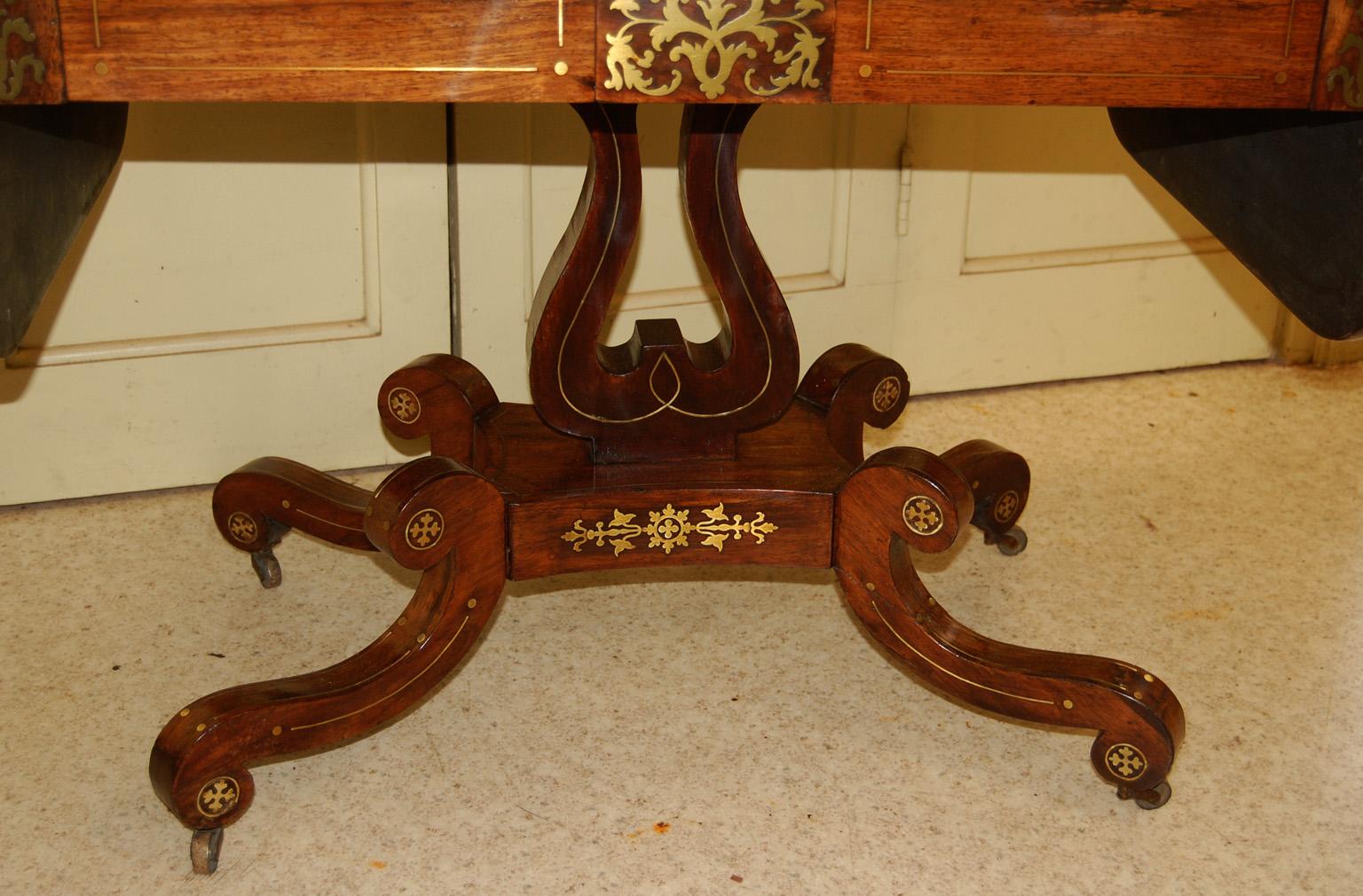 19th Century English Regency Period Sofa Table in Rosewood, Brass Inlay, Lyre Pedestal Base