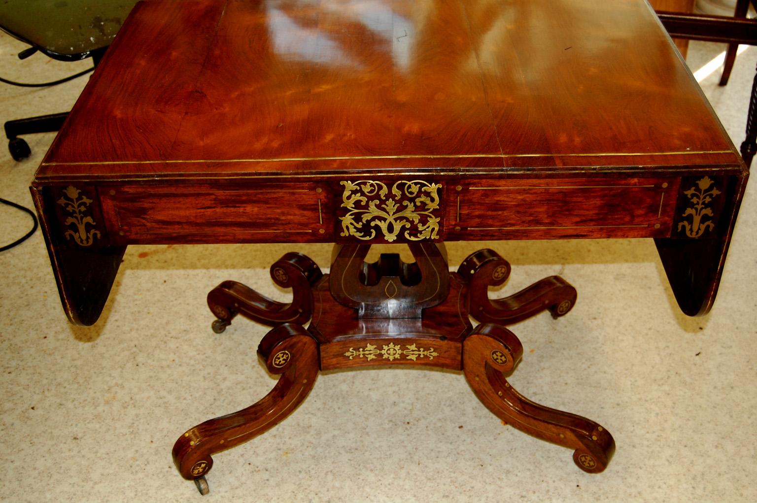 English Regency Period Sofa Table in Rosewood, Brass Inlay, Lyre Pedestal Base 1