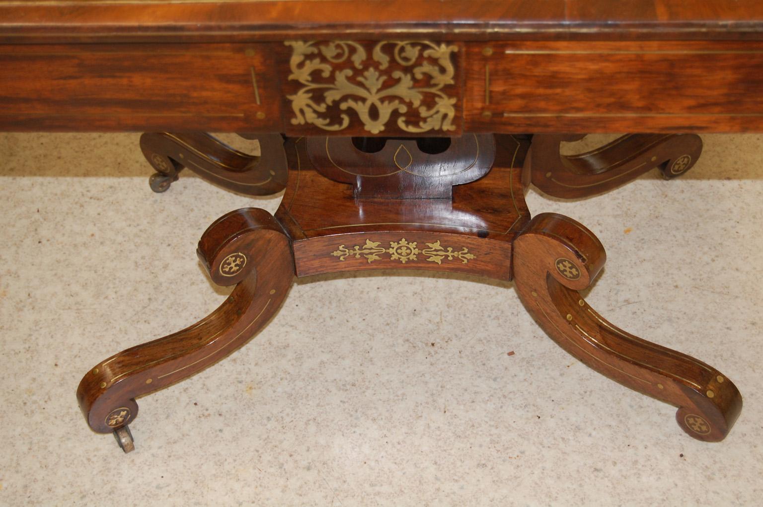 English Regency Period Sofa Table in Rosewood, Brass Inlay, Lyre Pedestal Base 2