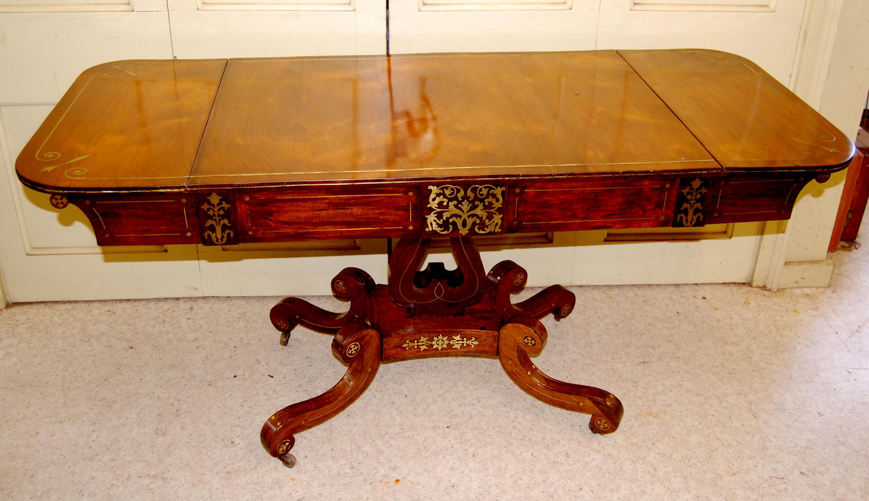English Regency Period Sofa Table in Rosewood, Brass Inlay, Lyre Pedestal Base 3