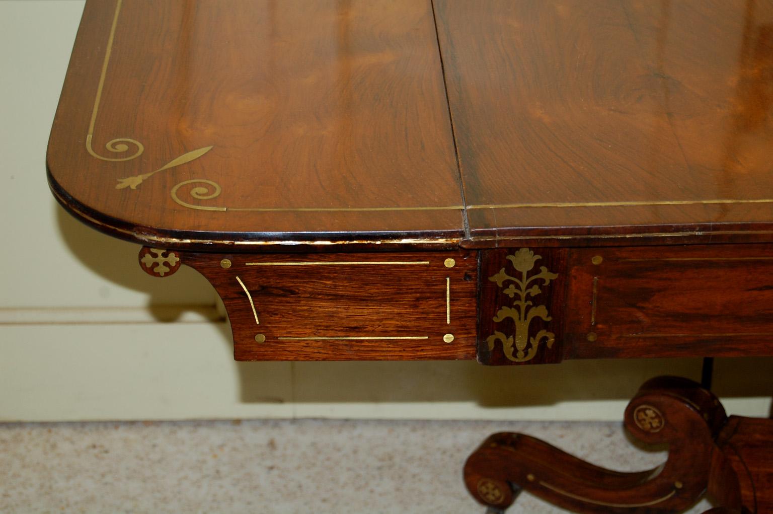 English Regency Period Sofa Table in Rosewood, Brass Inlay, Lyre Pedestal Base 5