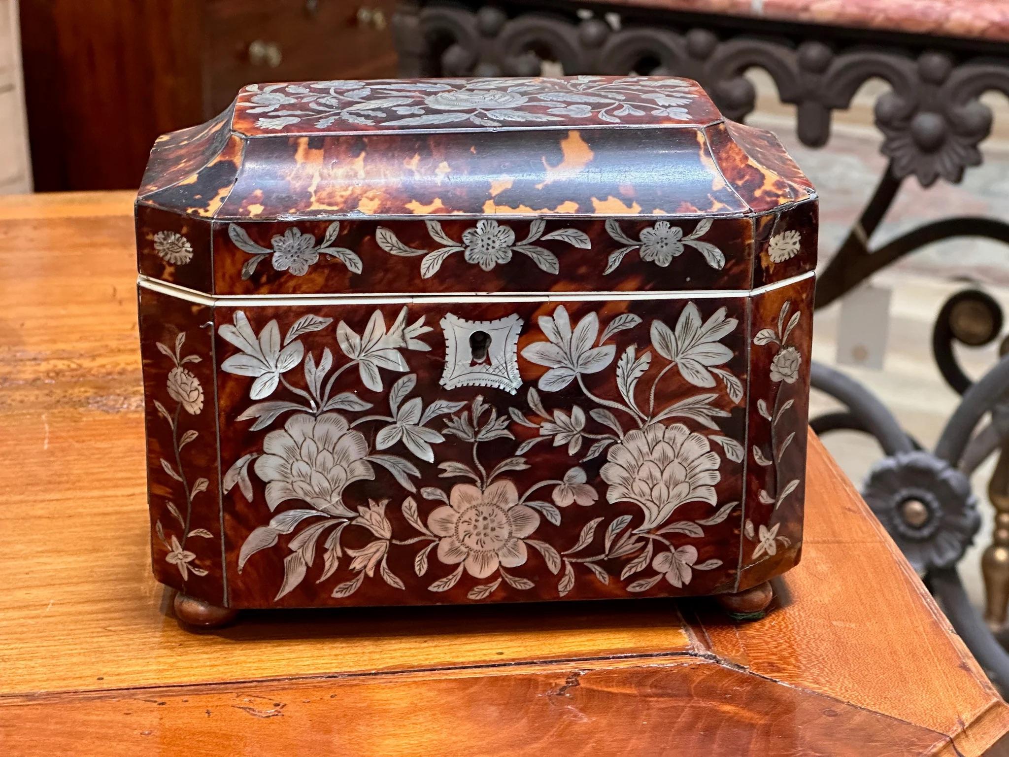 English Regency Period tortoiseshell tea caddy, having a stepped lid with canted corners, exuberant floral design mother-of-pearl marquetry inlaid lid and front panels, set on wooden bun form feet, velvet lined lid, two interior lidded compartments,