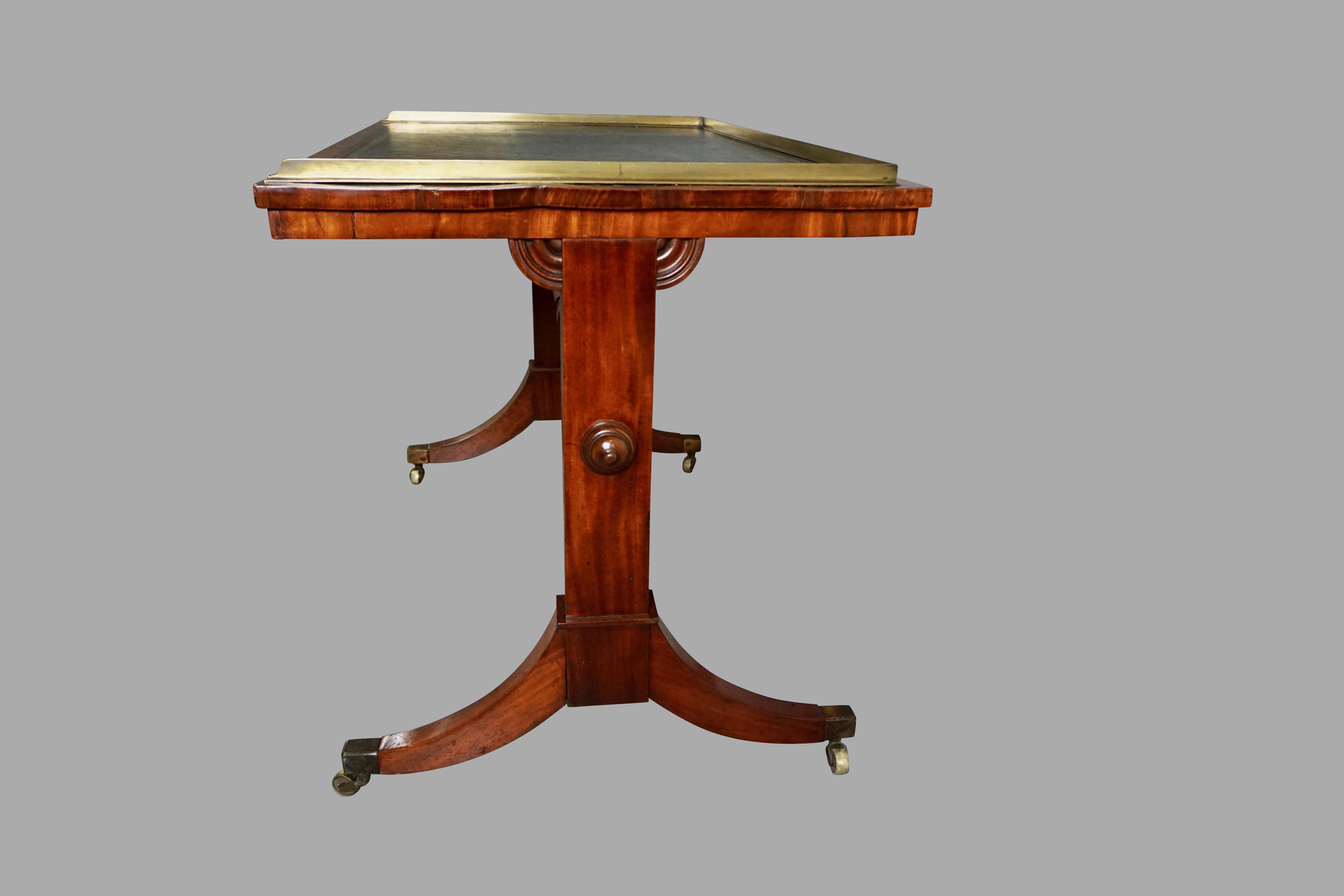 19th Century English Regency Period Writing Table with Brass Gallery and Tooled Leather Top