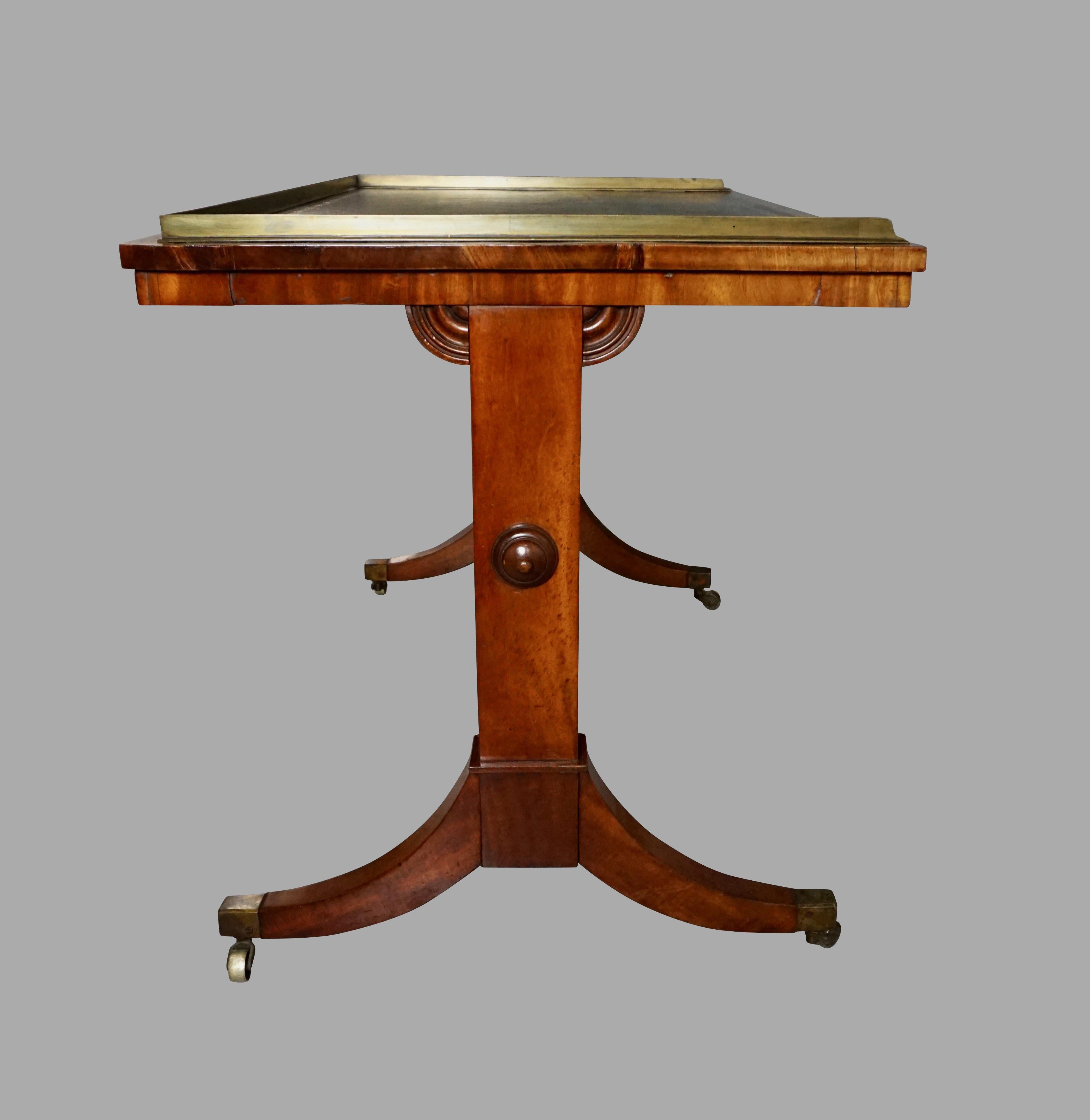 English Regency Period Writing Table with Brass Gallery and Tooled Leather Top 1