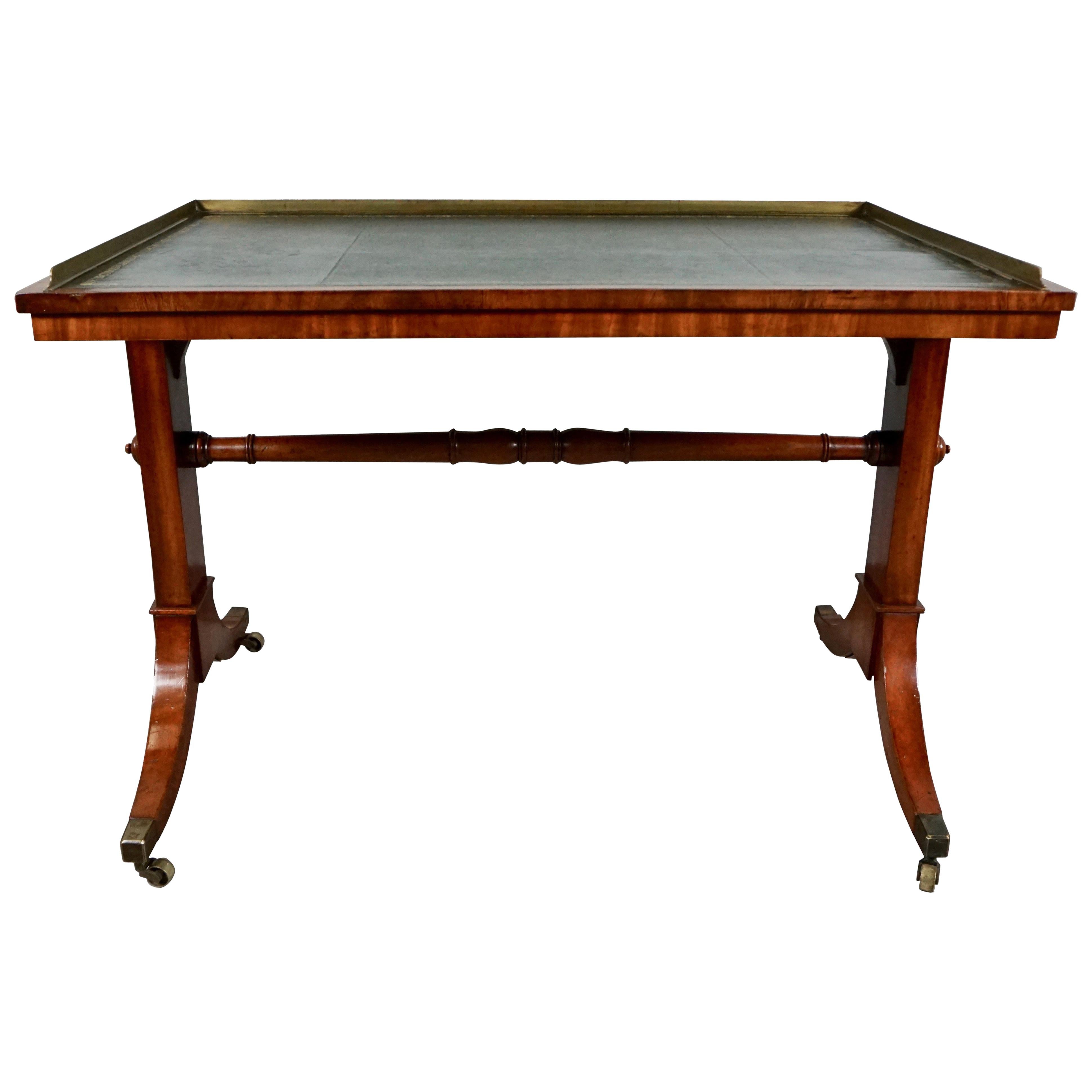 English Regency Period Writing Table with Brass Gallery and Tooled Leather Top