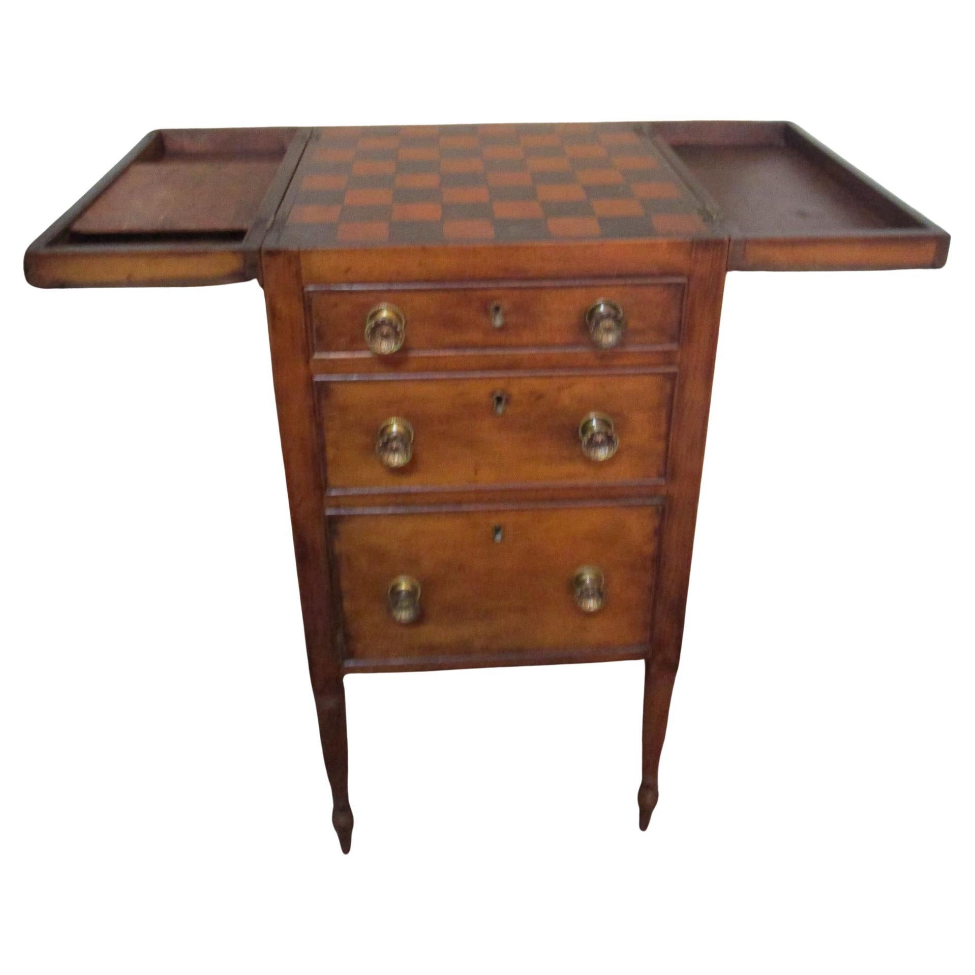 English Regency Petite Fold Out Game Table w/ Painted Checkerboard & Drawers For Sale