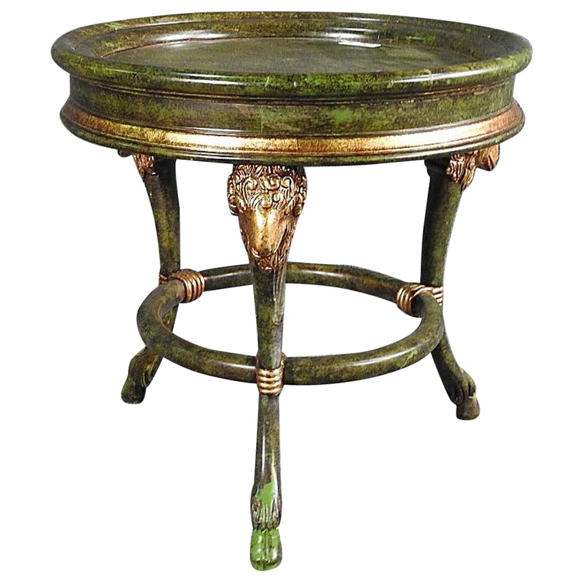 English Regency Rams Head Faux Painted Green and Gold Gilded Occasional Table