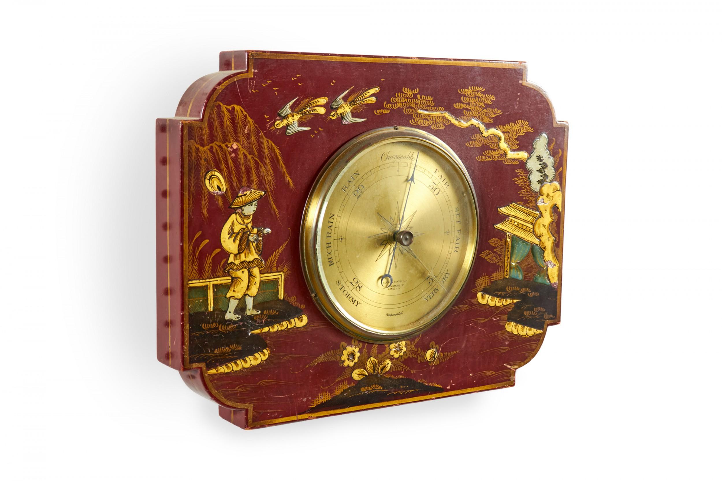 Petit baromètre mural de style Regency (19/20e siècle) en laque rouge de style chinoiserie.