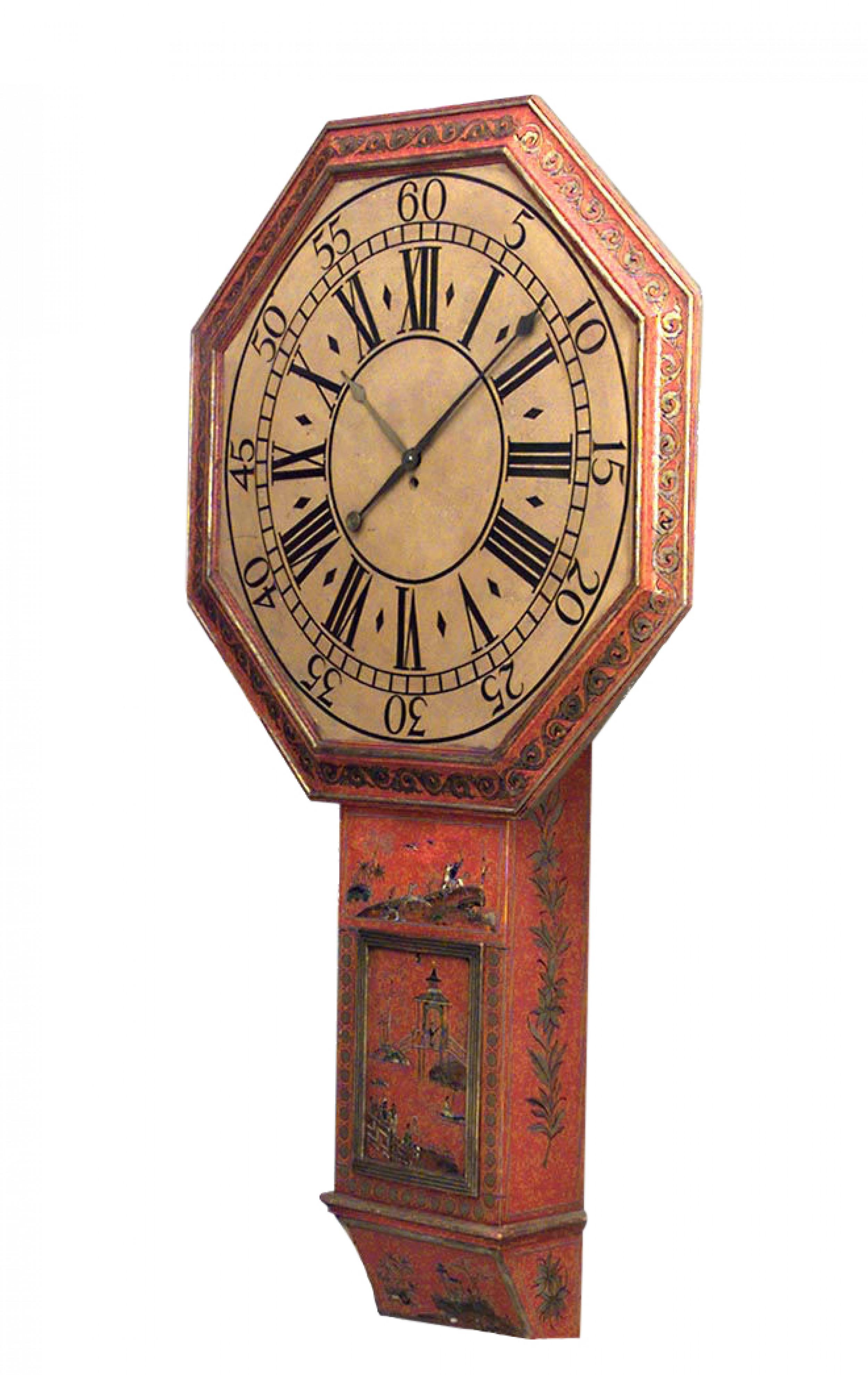 English Regency-style (19/20th Century) red lacquer Chinoiserie parliamentary wall clock. (Not working)