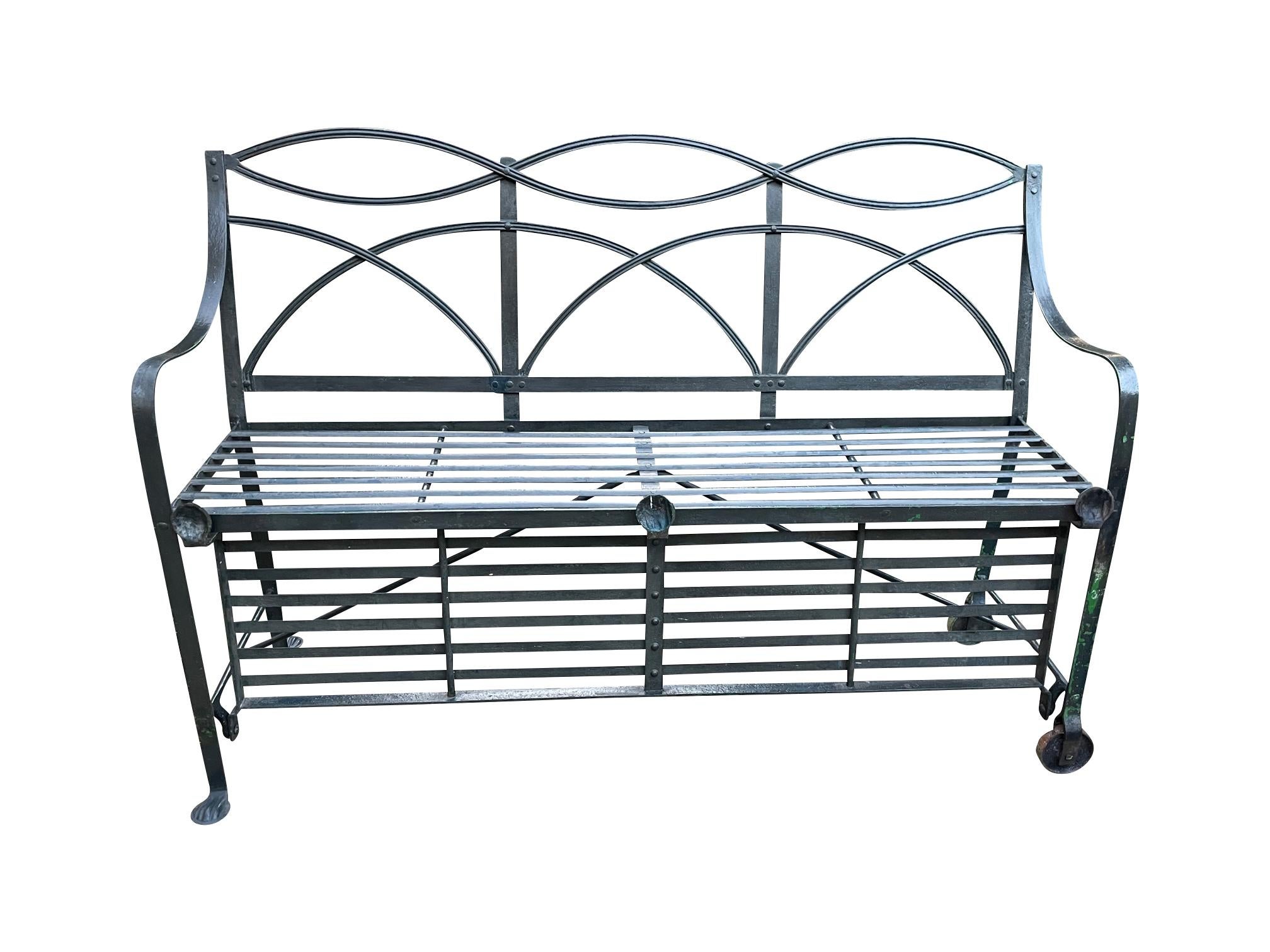 English Regency Reeded Hand Forged Wrought Iron Garden Games Bench For Sale 2