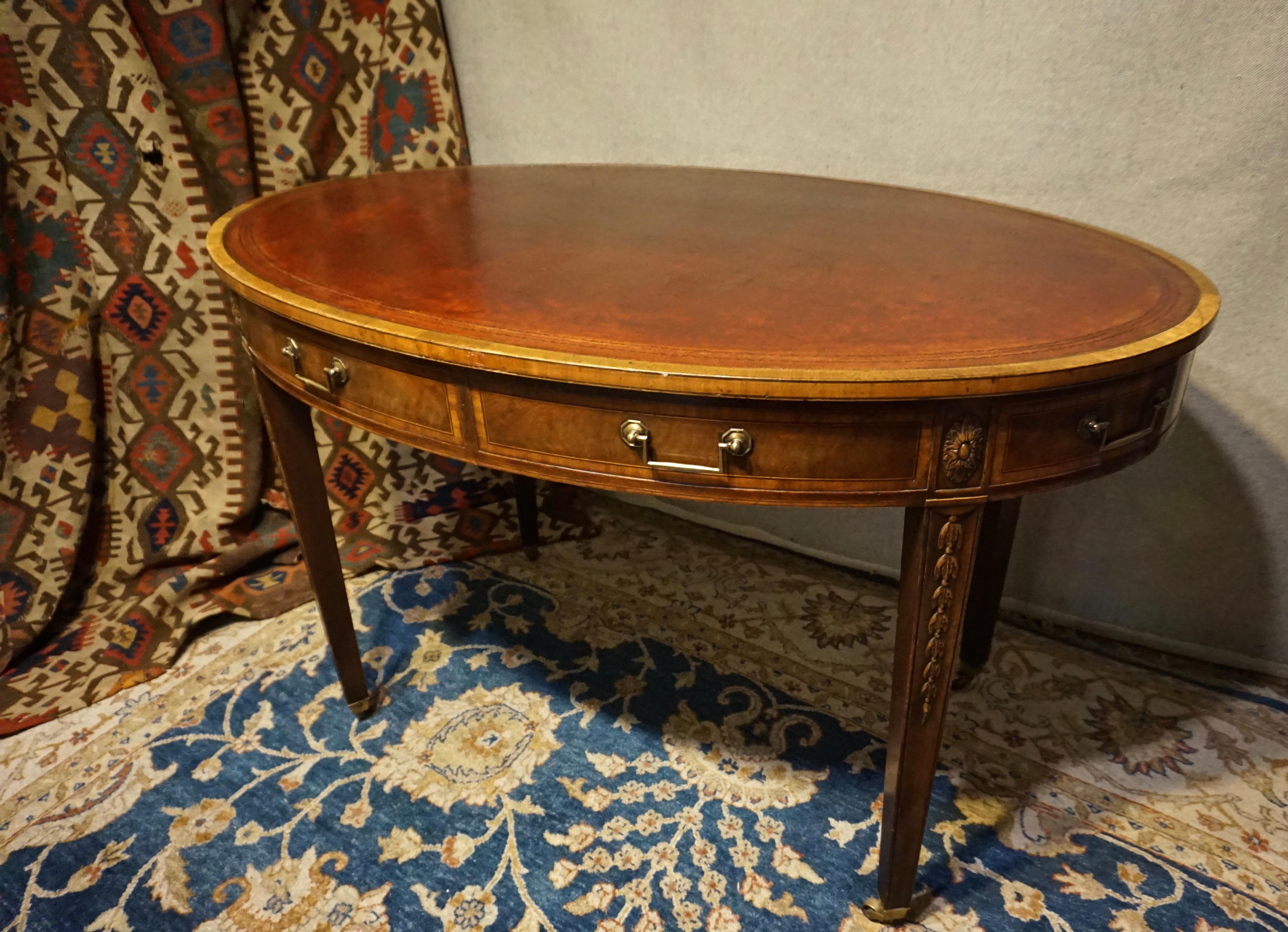 Hand-Crafted English Regency Revival Mahogany Oval Table with Gilt Leather Top