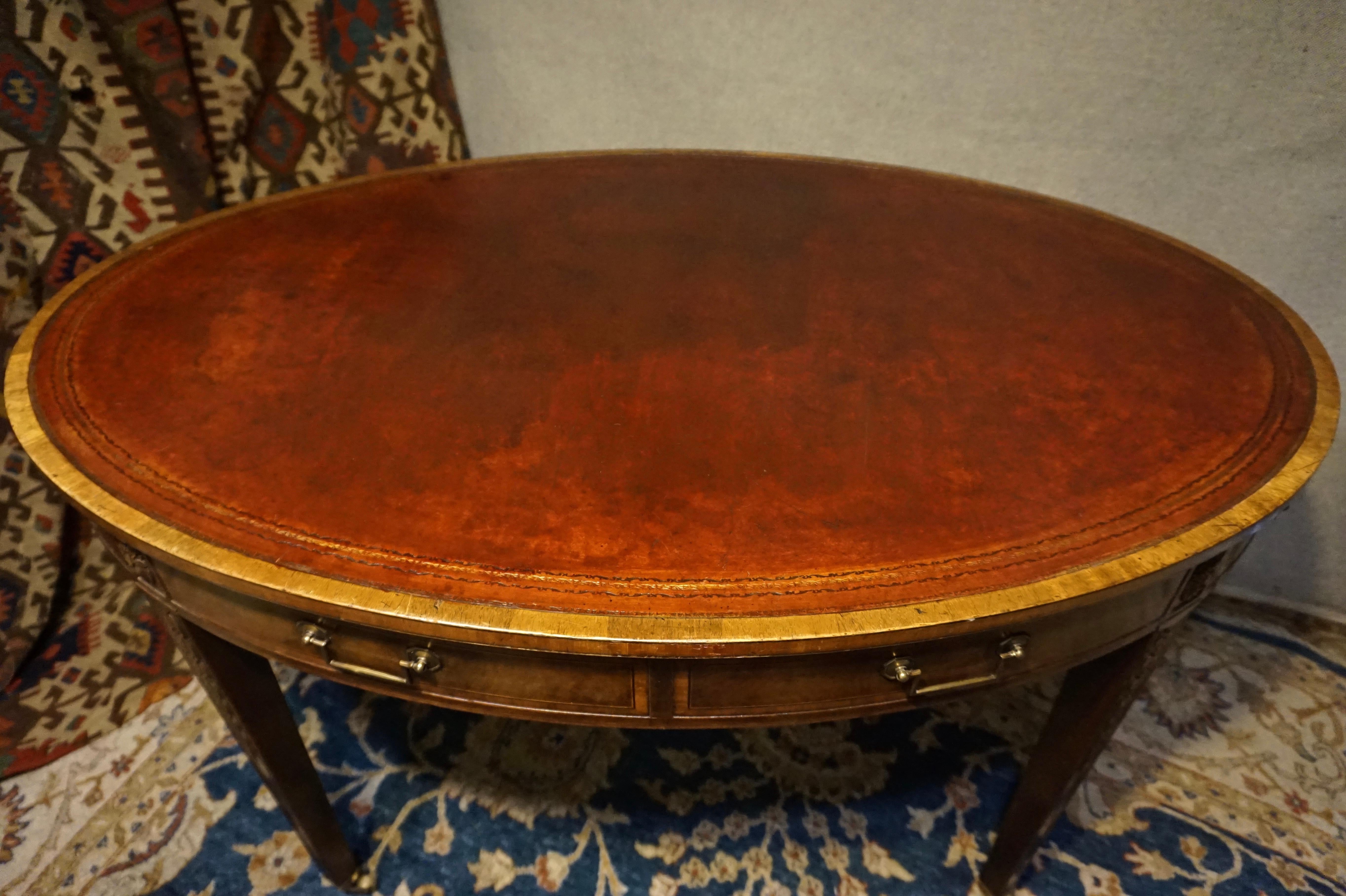 English Regency Revival Mahogany Oval Table with Gilt Leather Top 1