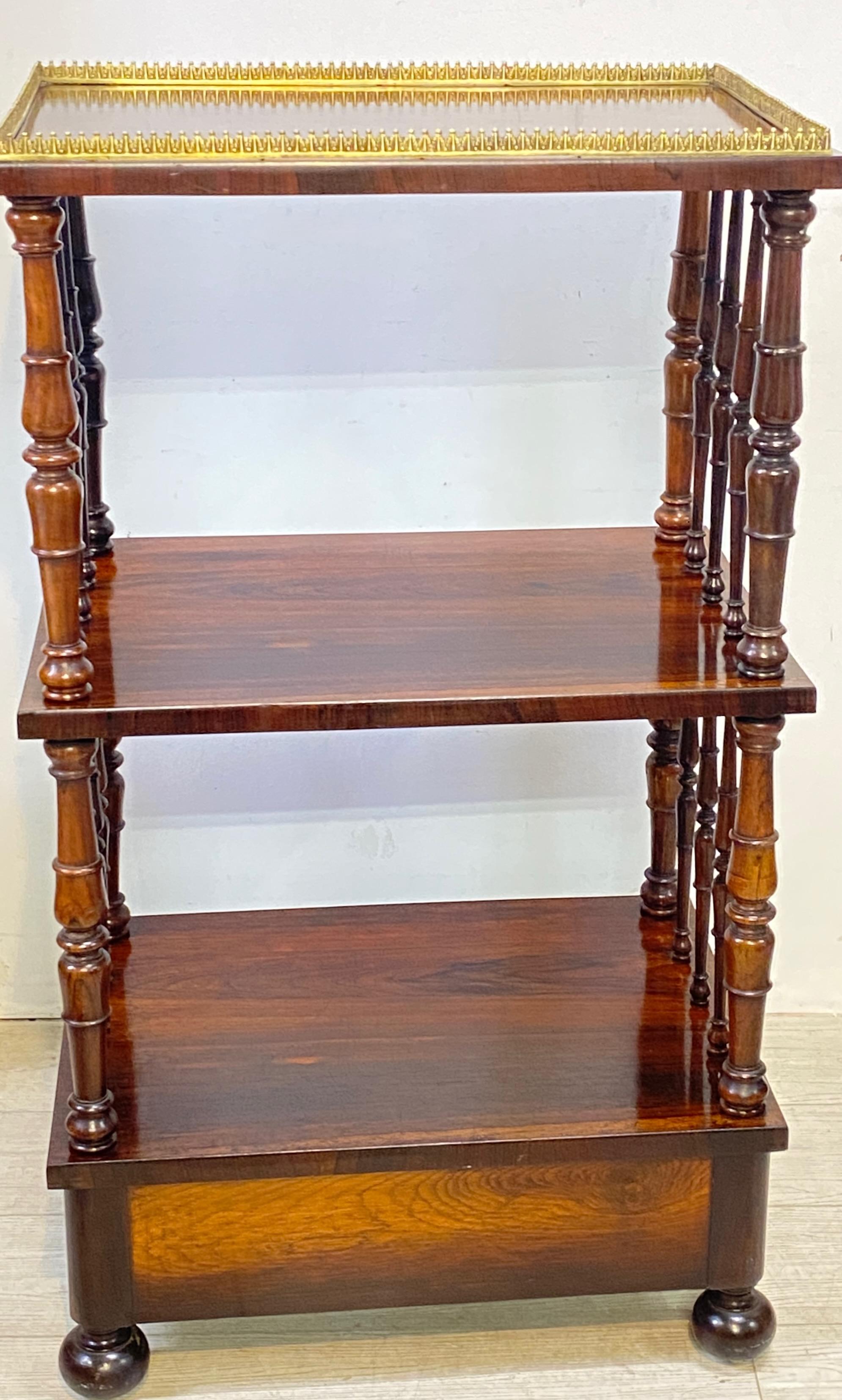 Brass English Regency Rosewood and Walnut Silent Butler Serving Table Shelf circa 1830 For Sale