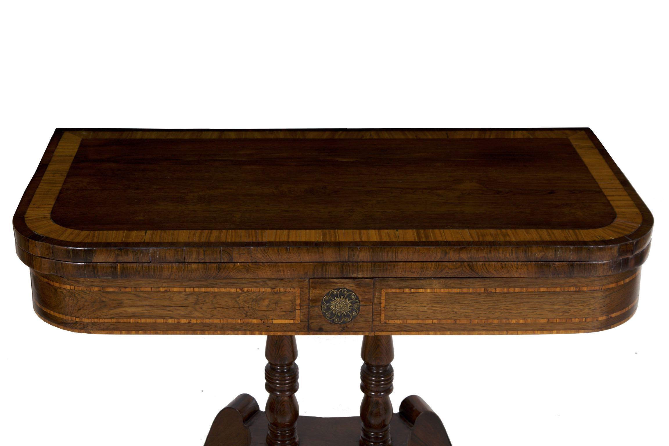 Brass English Regency Rosewood Antique Games Card Table, circa 1815