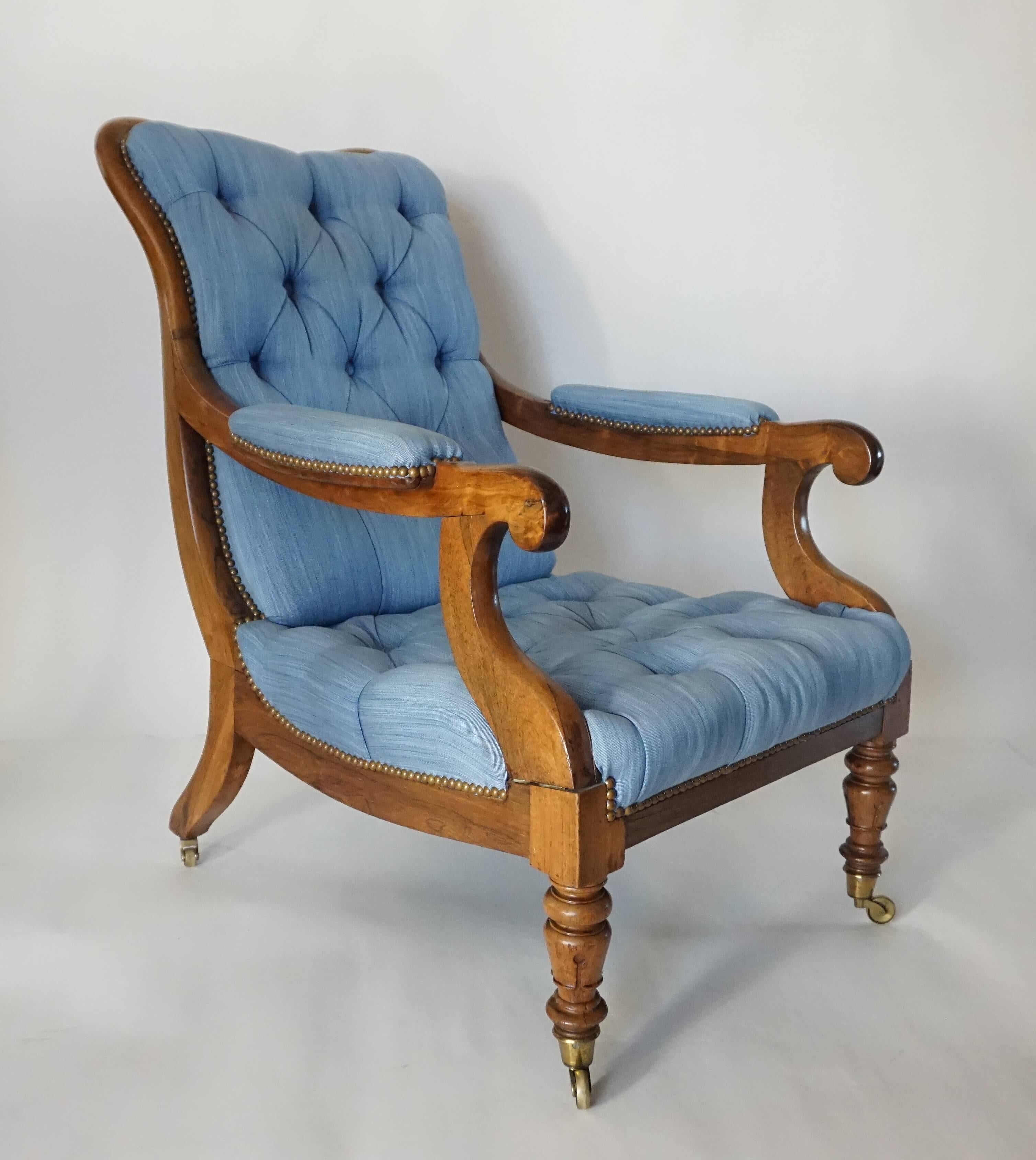 English Regency Solid Walnut Library Chair, circa 1840 1