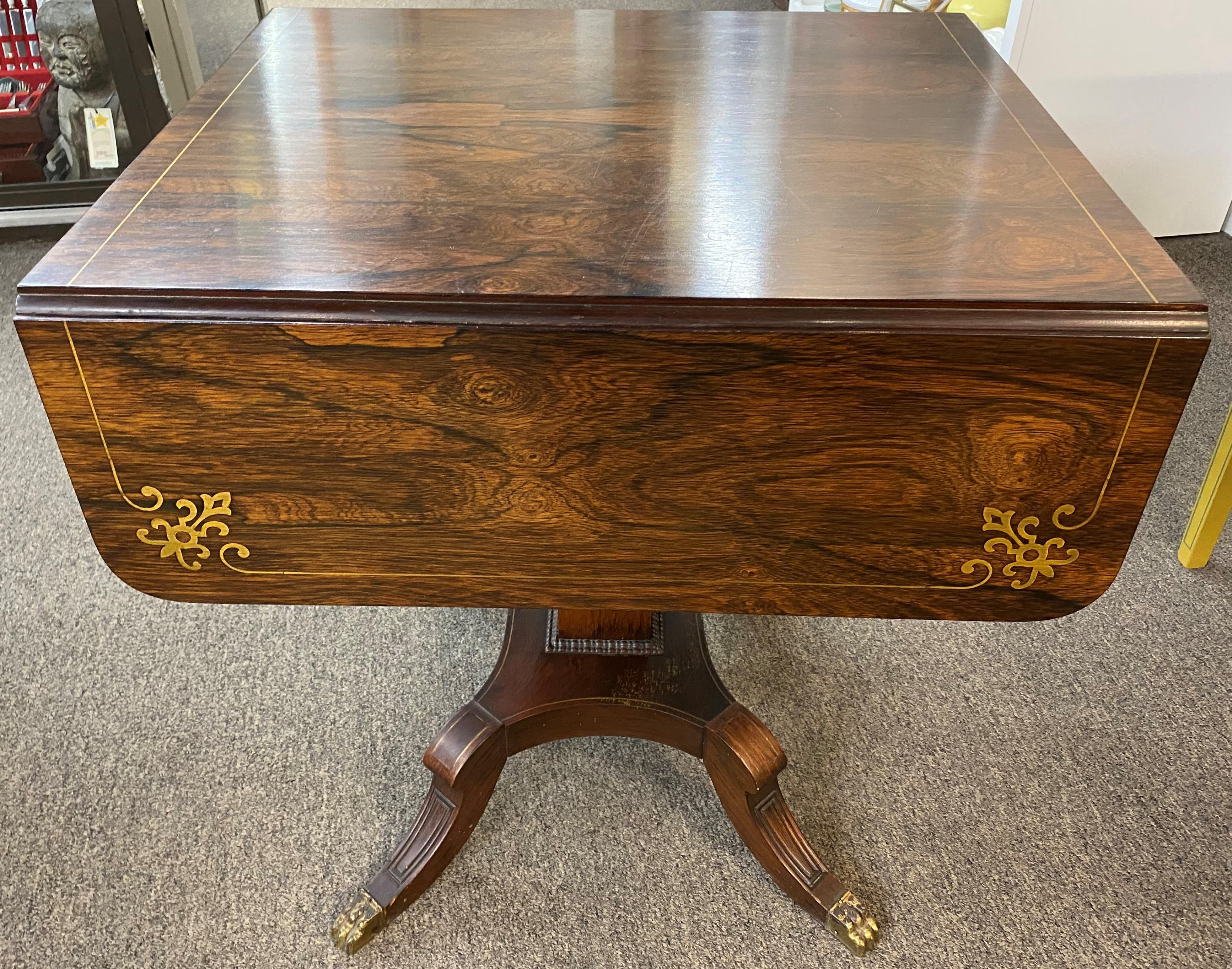 19th Century English Regency Rosewood One Drawer Drop Leaf Work Table with Brass Inlay For Sale