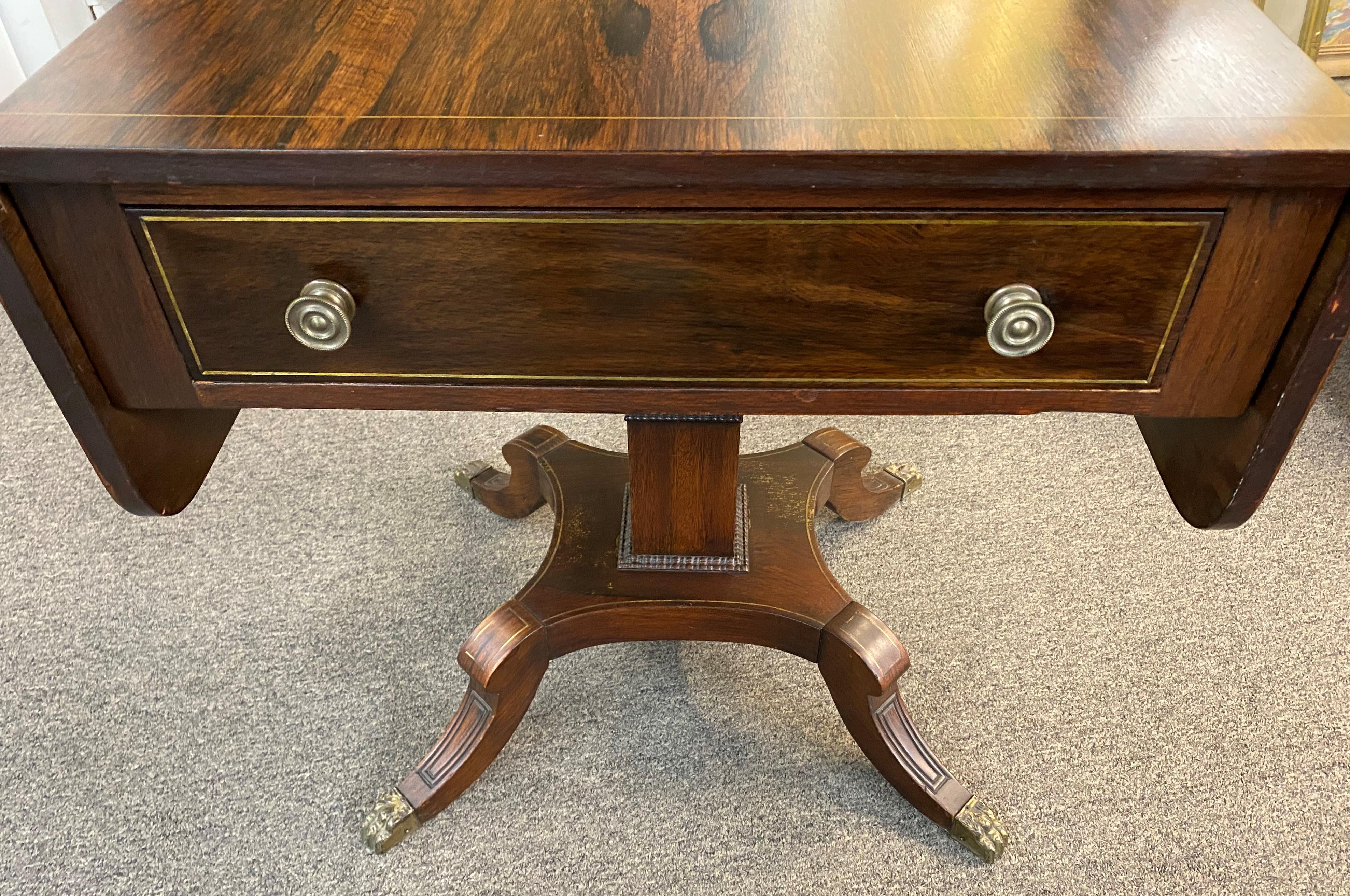 English Regency Rosewood One Drawer Drop Leaf Work Table with Brass Inlay For Sale 2