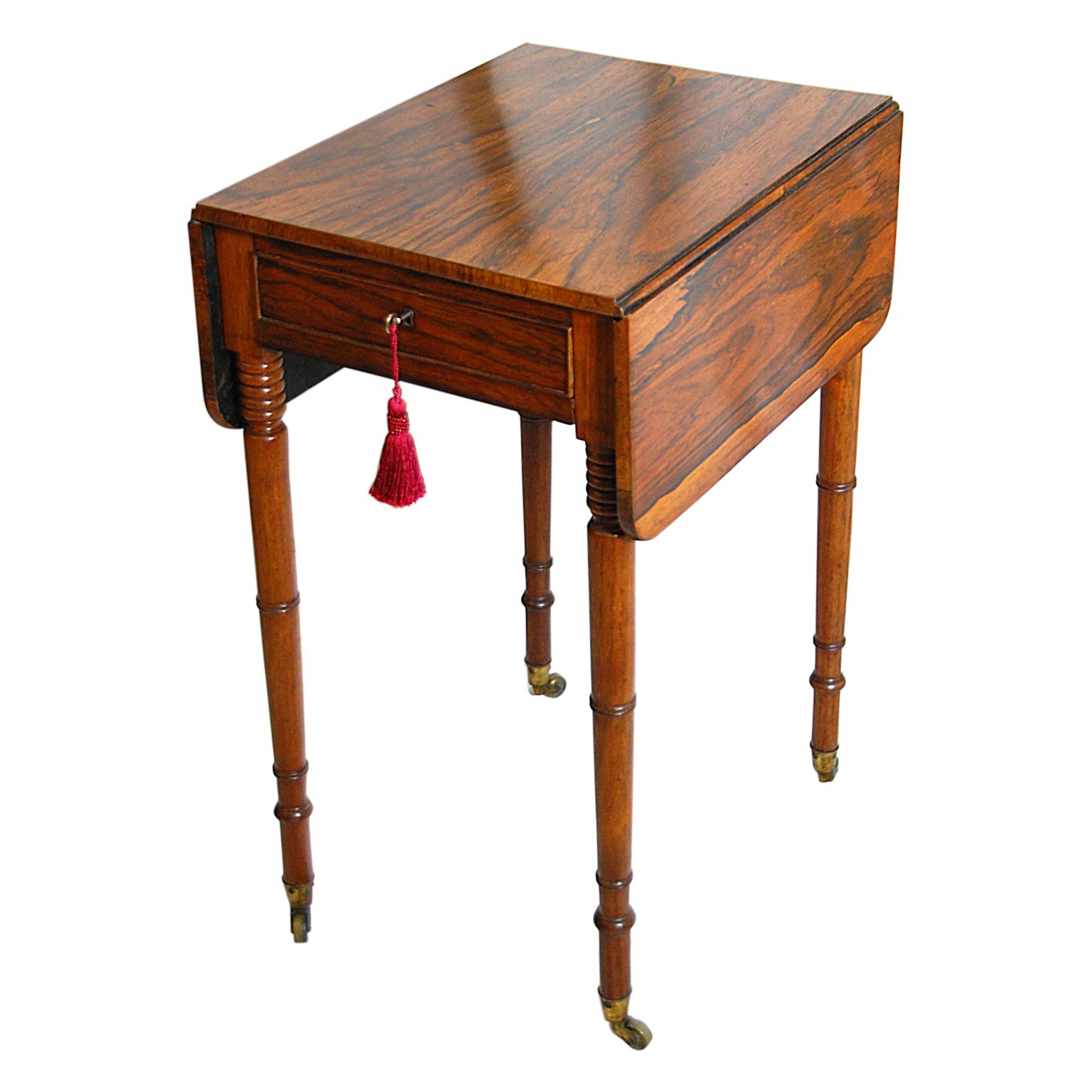 English Regency Rosewood One Drawer Drop-Leaf Side Table Delicate Turned Legs