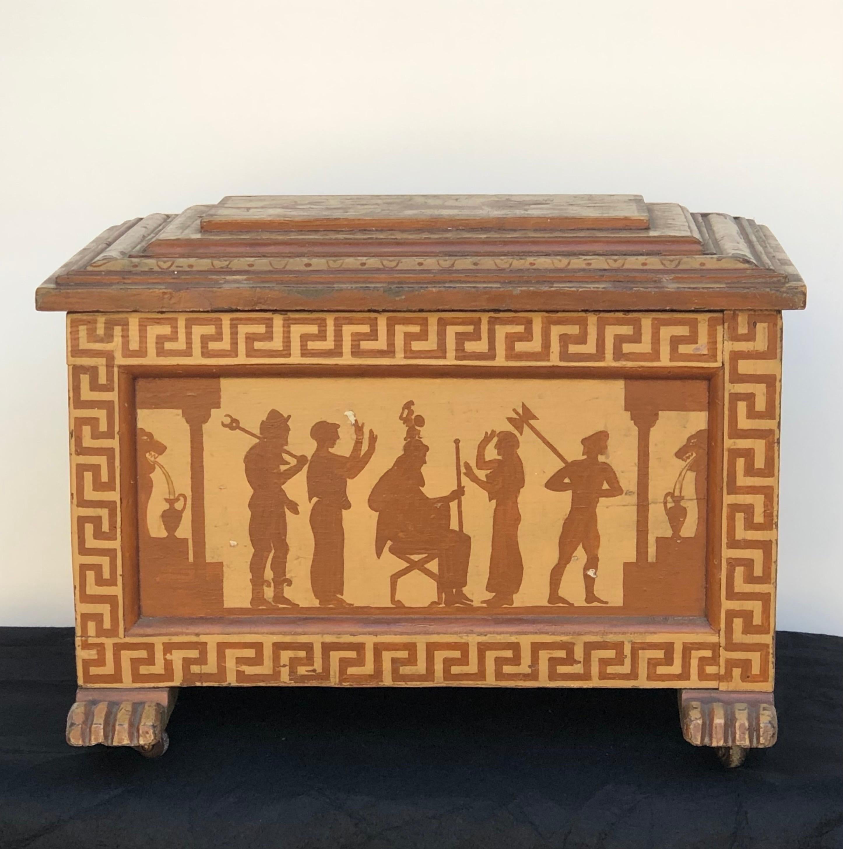 English Hand-Painted Regency Style Sarcophagus Egyptian Revival Kindling Box.