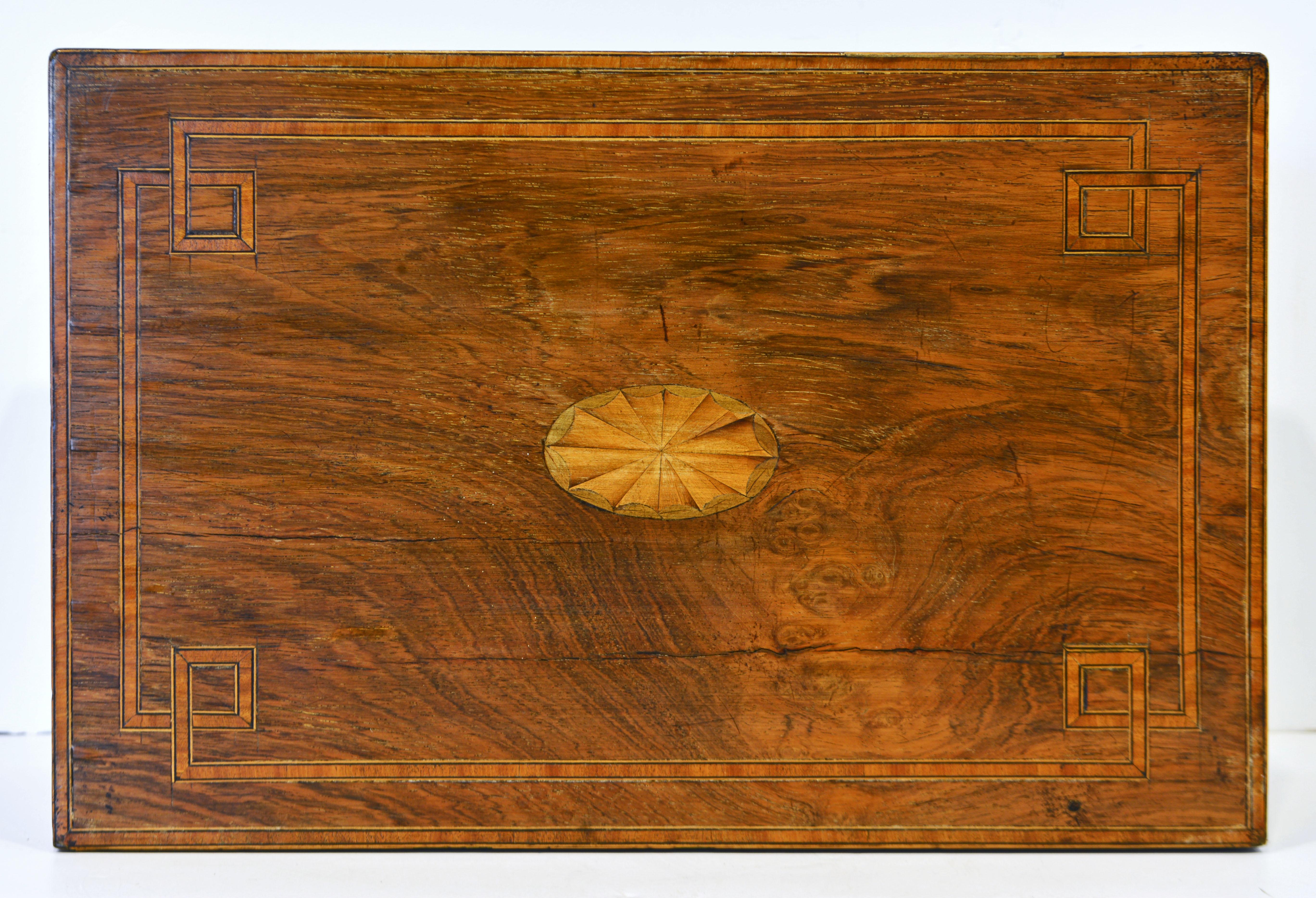 19th Century English Regency Satinwood and Mahogany Table Box with Fitted Interior Circa 1820