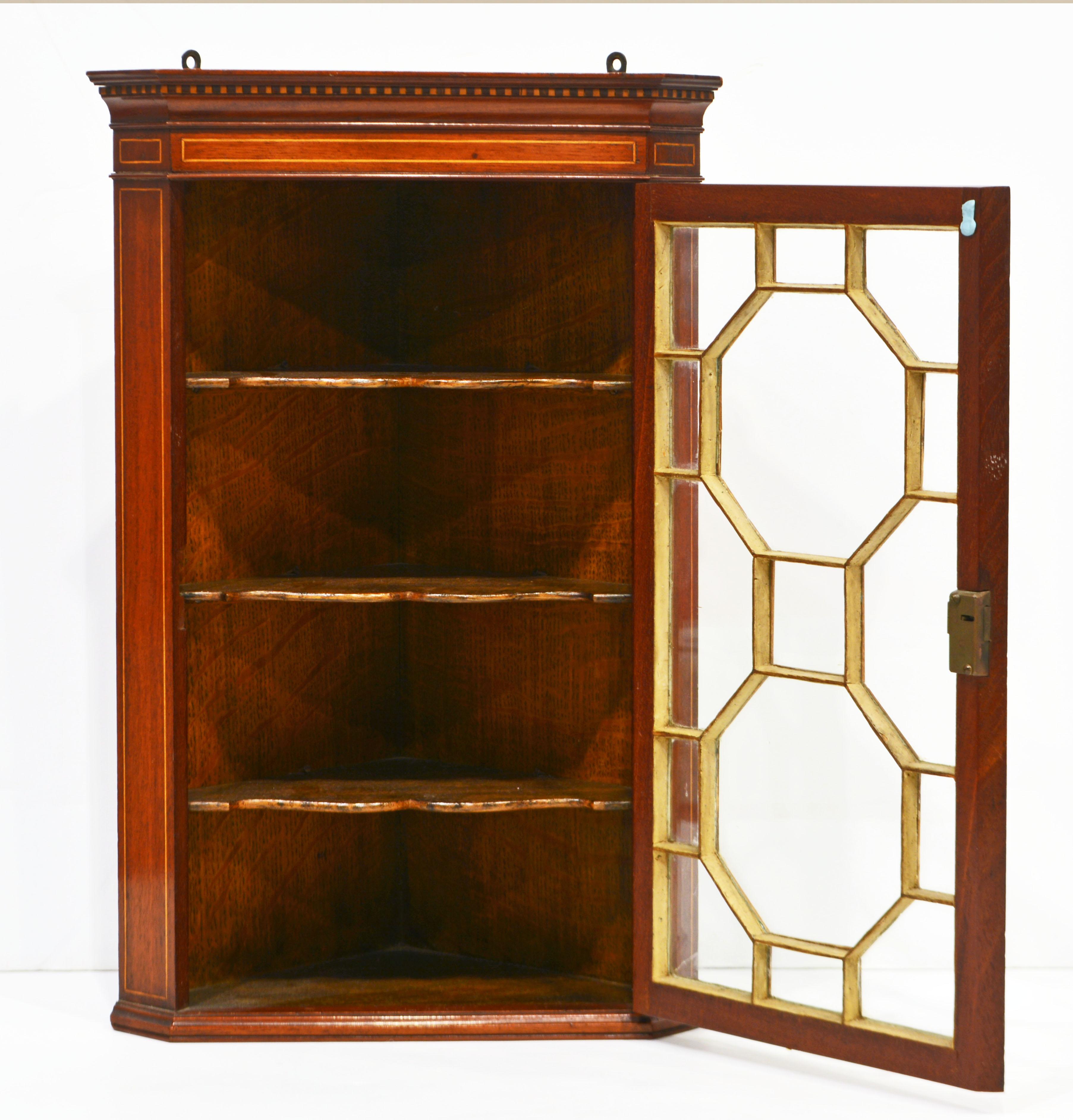 Glass English Regency Satinwood Inlaid Mahogany Miniature Corner Cabinet, Circa 1880