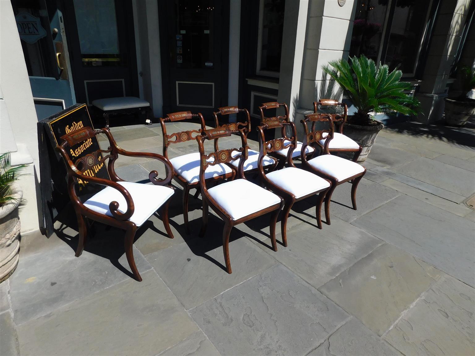 Hand-Carved English Regency Set of Eight Kingwood Brass Inlaid Dining Room Chairs, C. 1800 For Sale