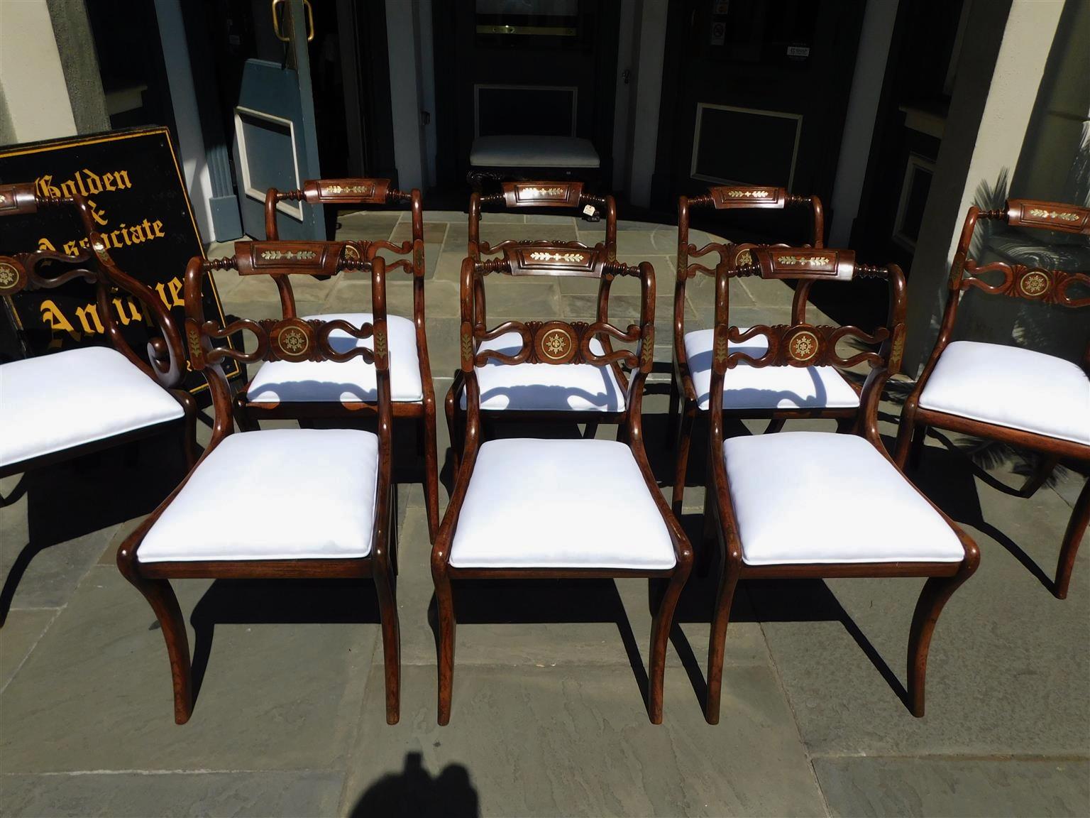 Early 19th Century English Regency Set of Eight Kingwood Brass Inlaid Dining Room Chairs, C. 1800 For Sale