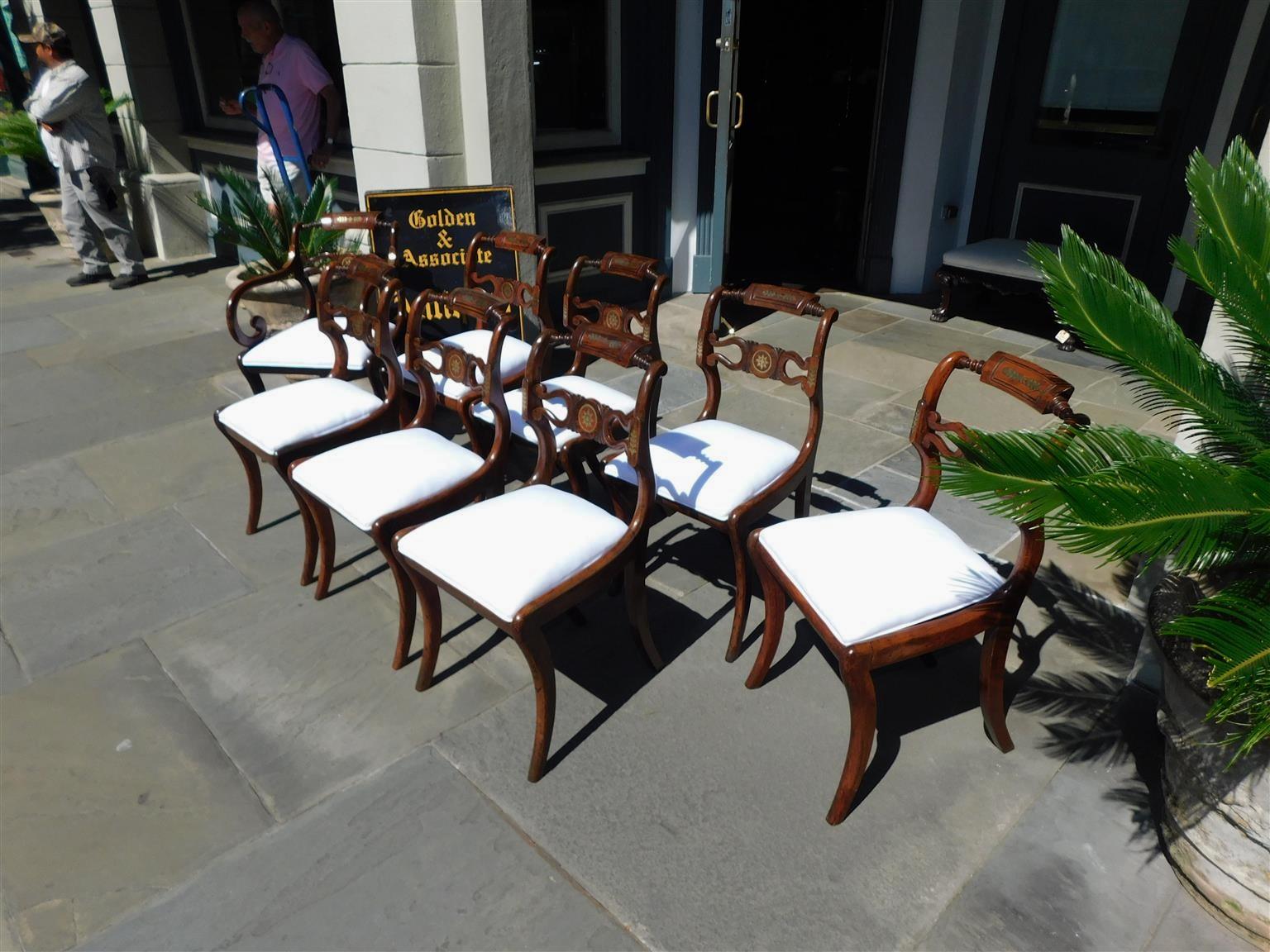 English Regency Set of Eight Kingwood Brass Inlaid Dining Room Chairs, C. 1800 For Sale 1