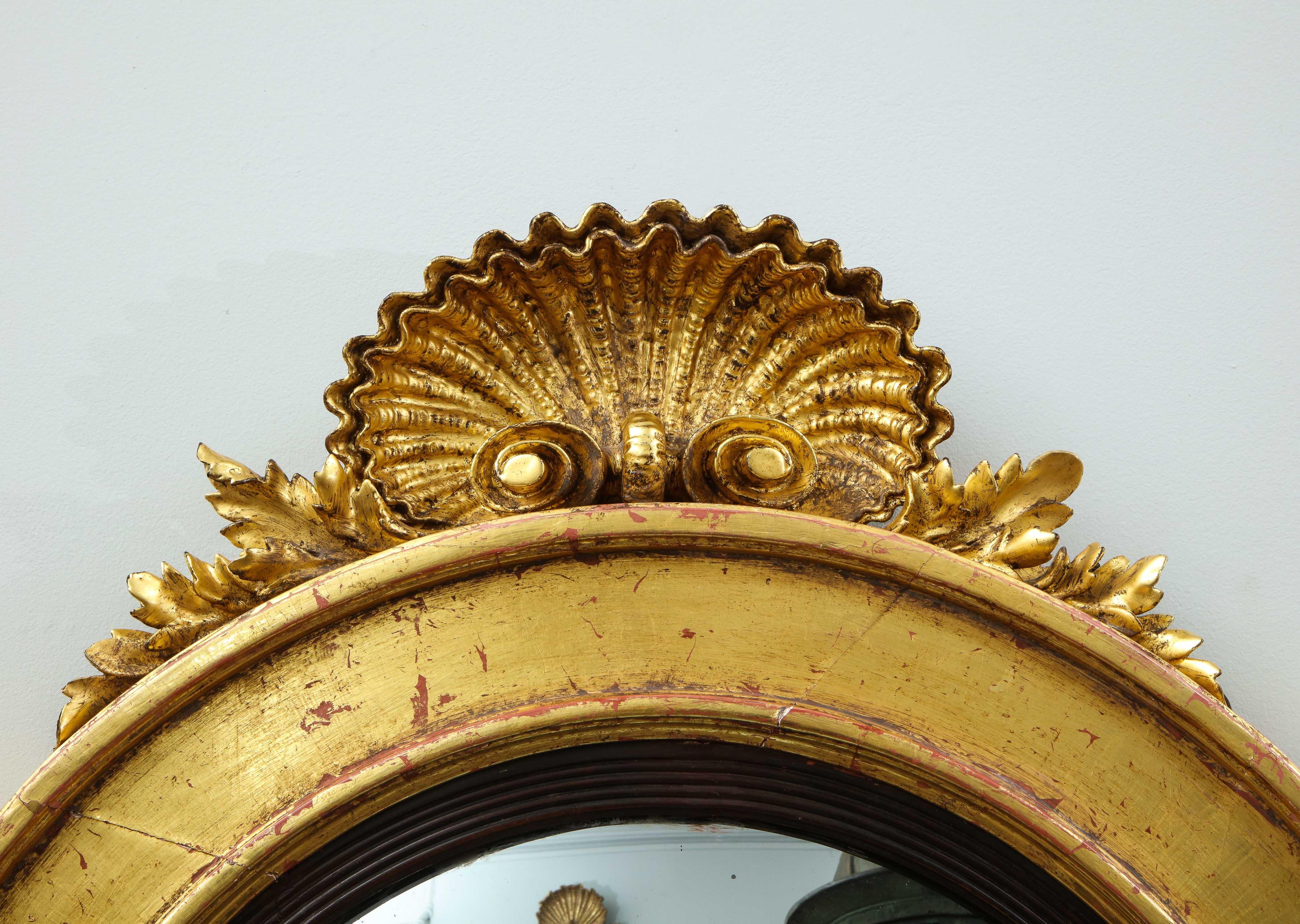 English Regency Shell Carved Convex Mirror In Good Condition In Greenwich, CT