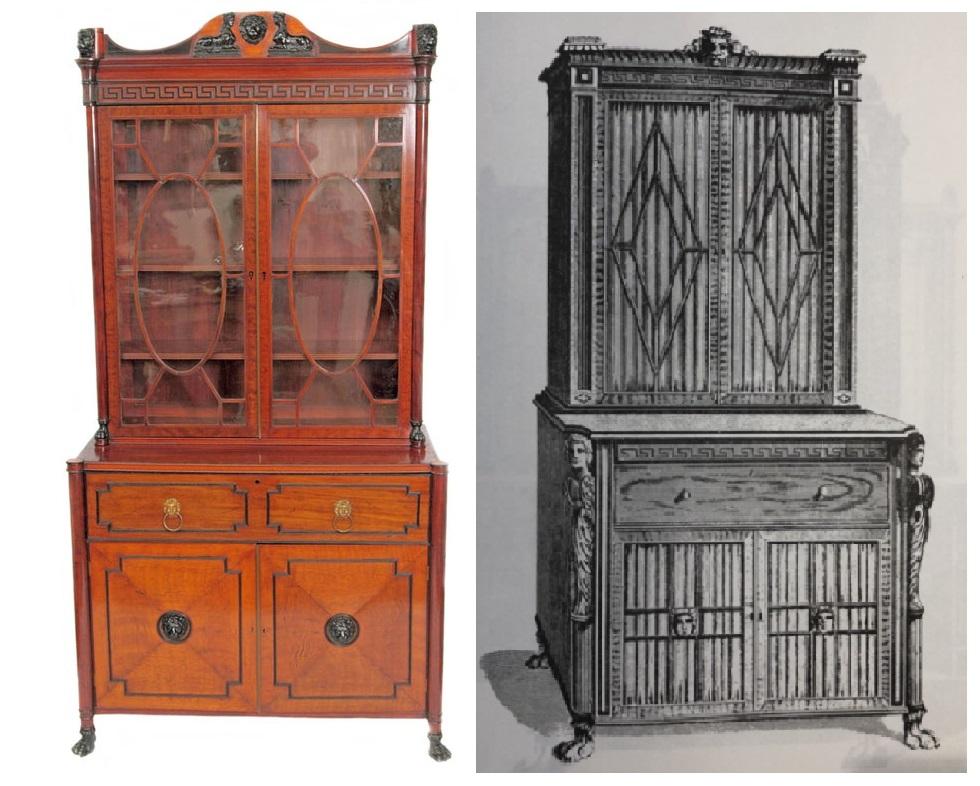 English Regency period mahogany and satinwood two-piece secretary cabinet. Pine secondary wood. Top section having a shaped cornice with an ebonized lion medallion flanked by sphinxes to the center and ebonized lion masks to the corners, over an