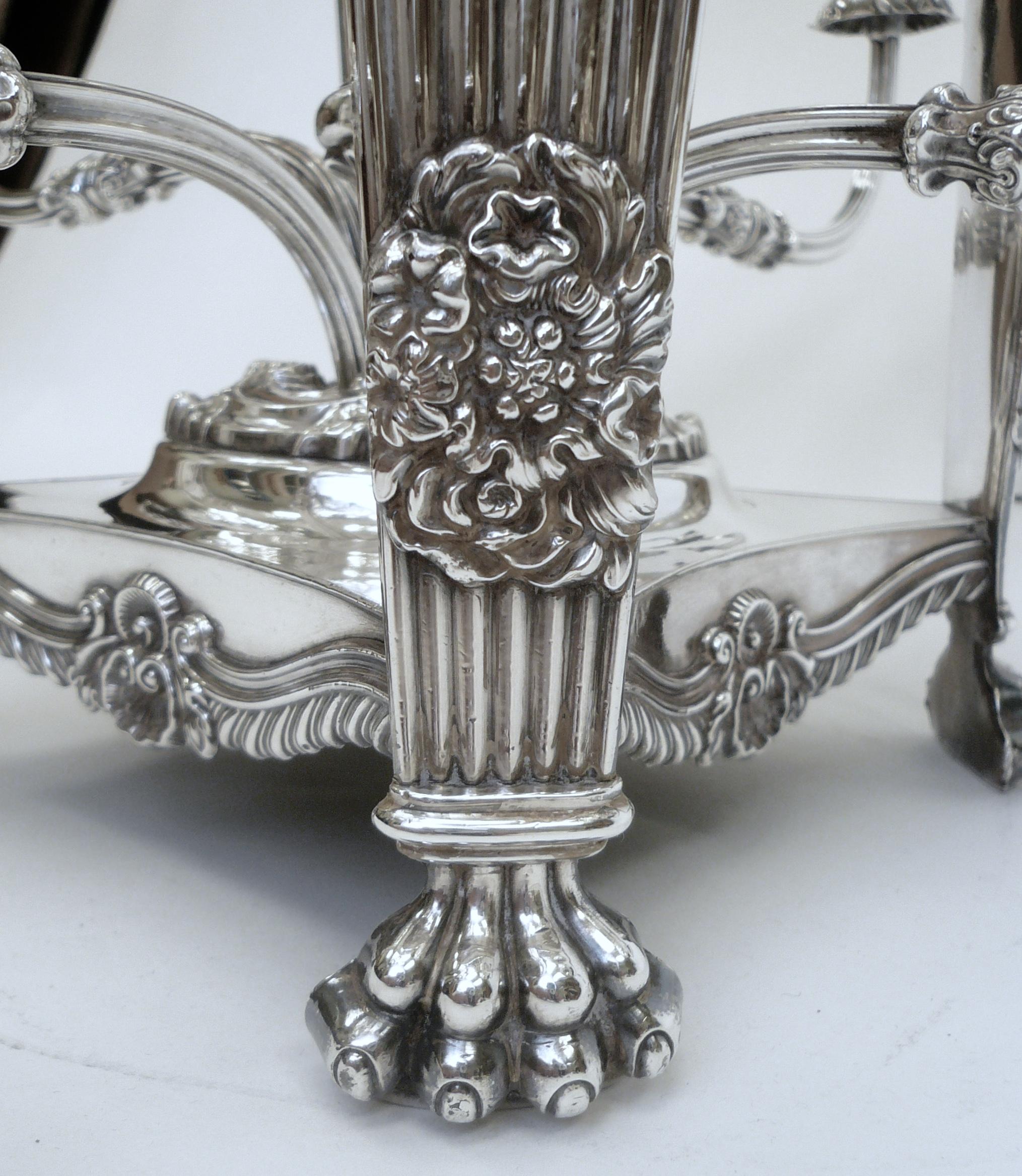Faceted English Regency Silver & Cut Crystal Epergne or Centerpiece