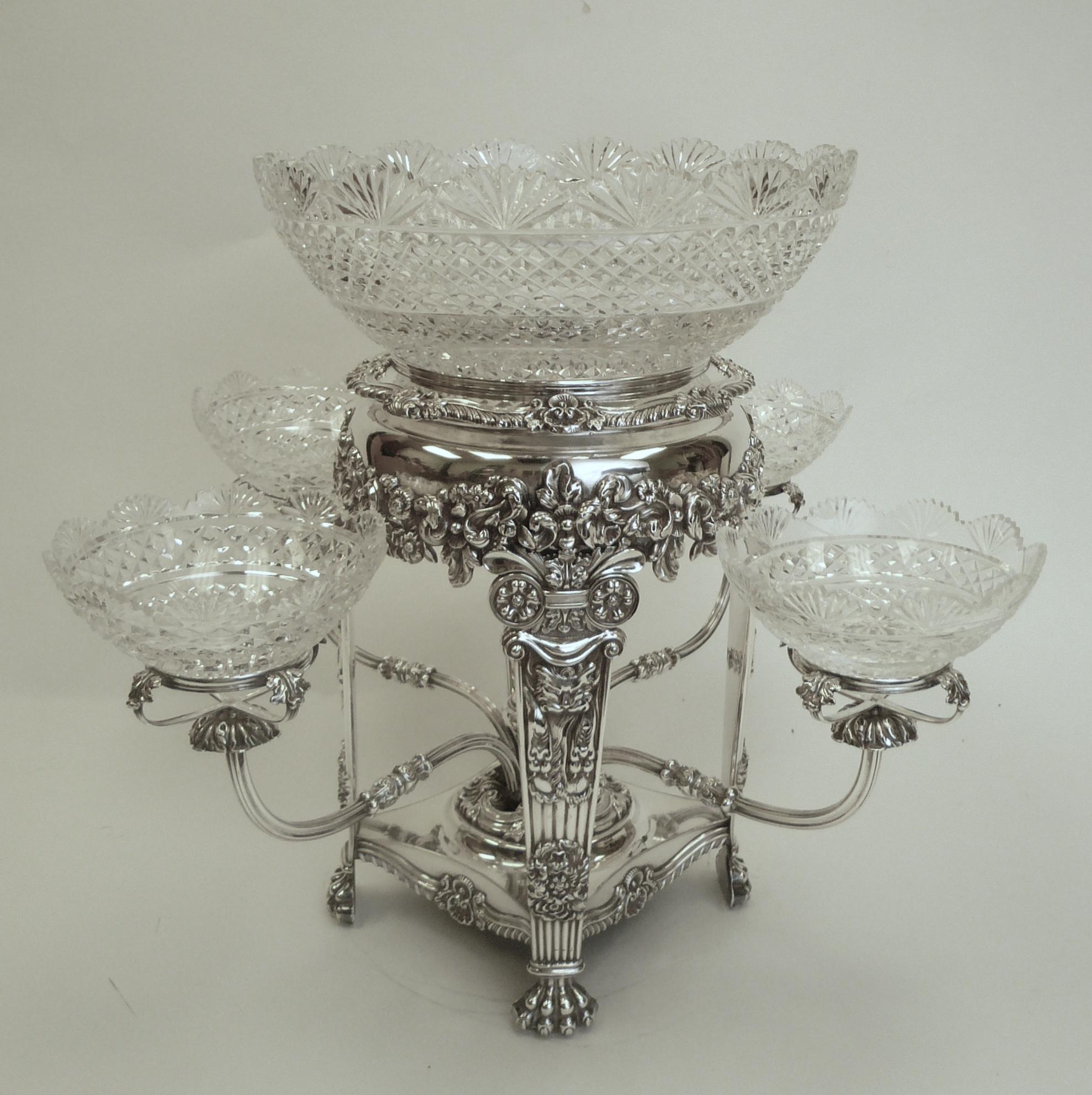 Sheffield Plate English Regency Silver & Cut Crystal Epergne or Centerpiece