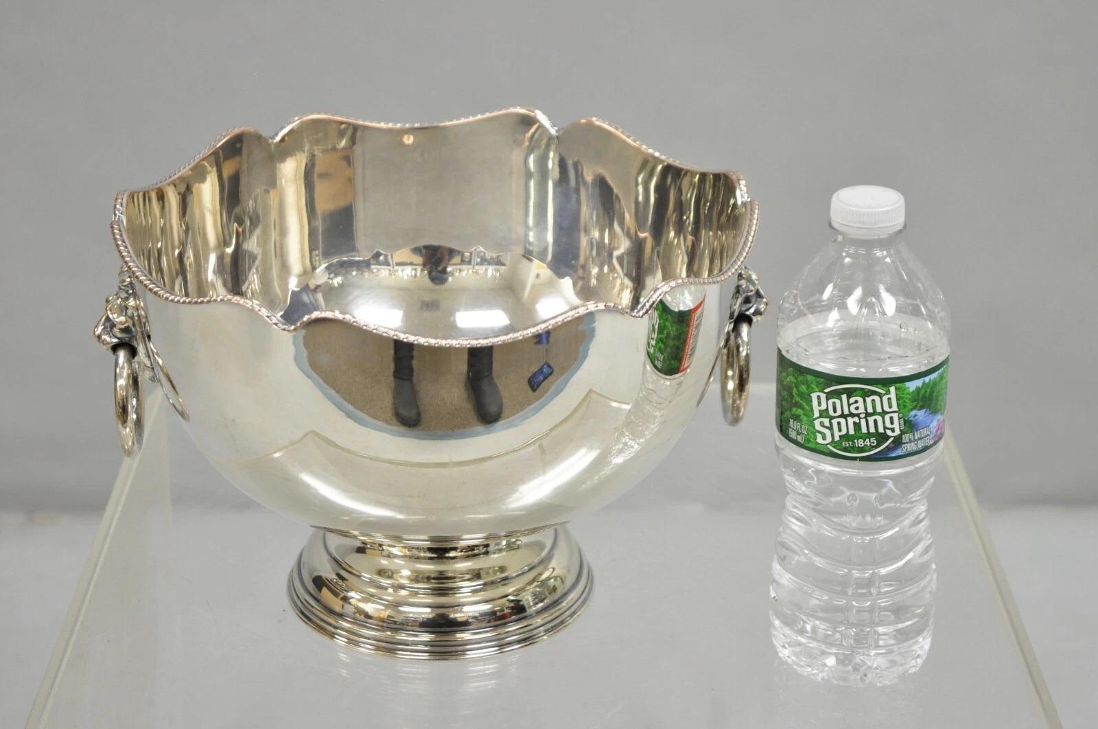 Vintage English Regency Silver Plated Lion Handle Small Punch Bowl Champagne Ice Bucket. Circa Early 20th Century. Measurements: 7