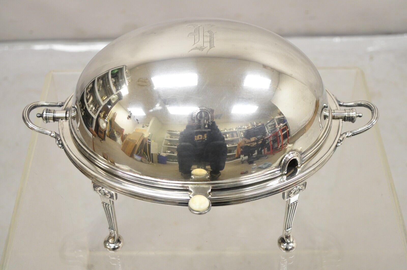 Antique English Regency Silver Plated RF E & CO L Revolving Dome Chafing Dish Warmer. Item features  