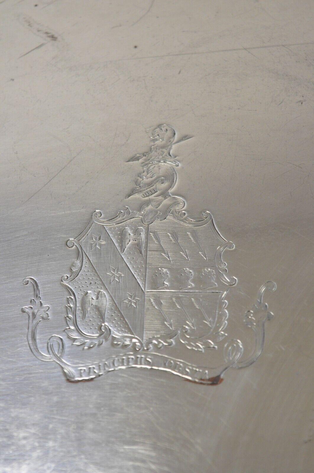 20th Century English Regency Silver Plated Twin Handle Platter Tray with Crest and Shield